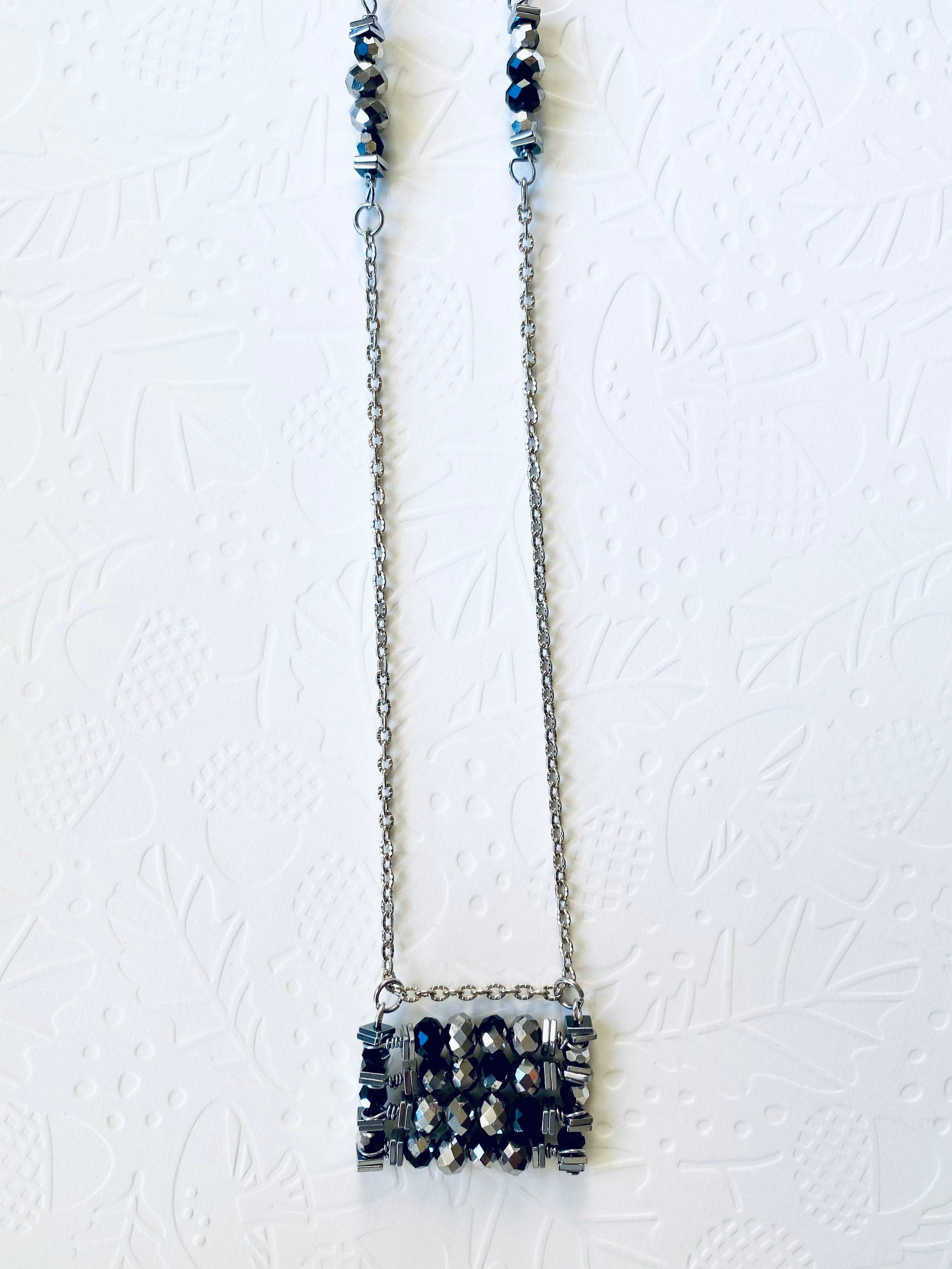 Black Silver Beaded Pendant Necklace, Festive Rectangular Jewelry, 30 Inch Chain