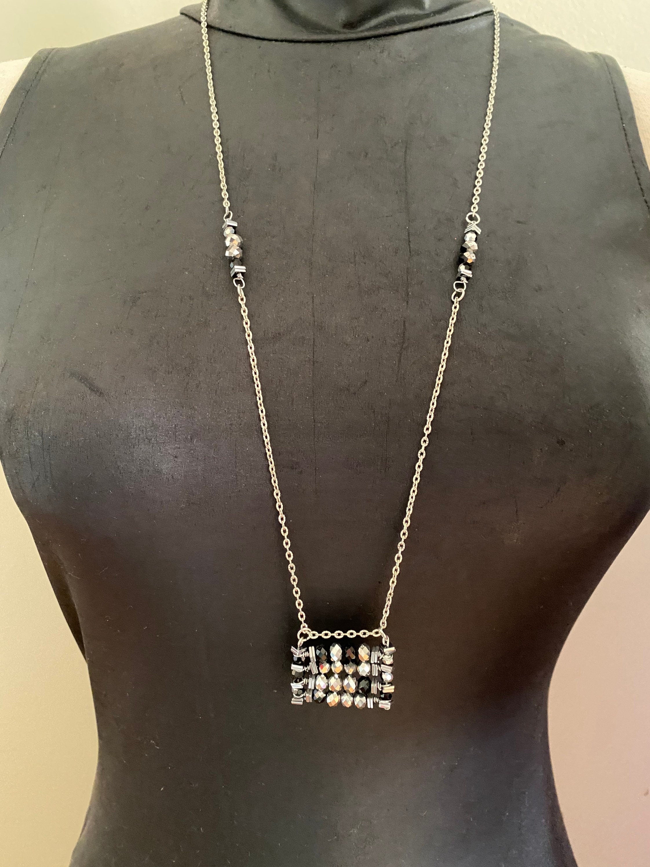 Black Silver Beaded Pendant Necklace, Festive Rectangular Jewelry, 30 Inch Chain