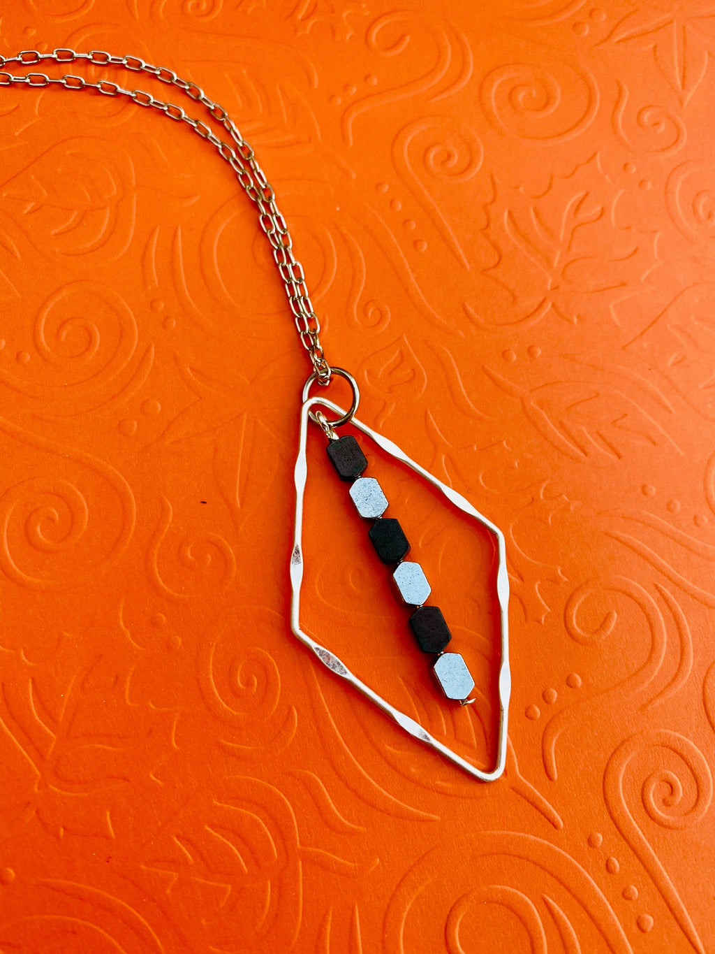 Dainty Silver Diamond Necklace, Black Hematite Beads, Two Tone