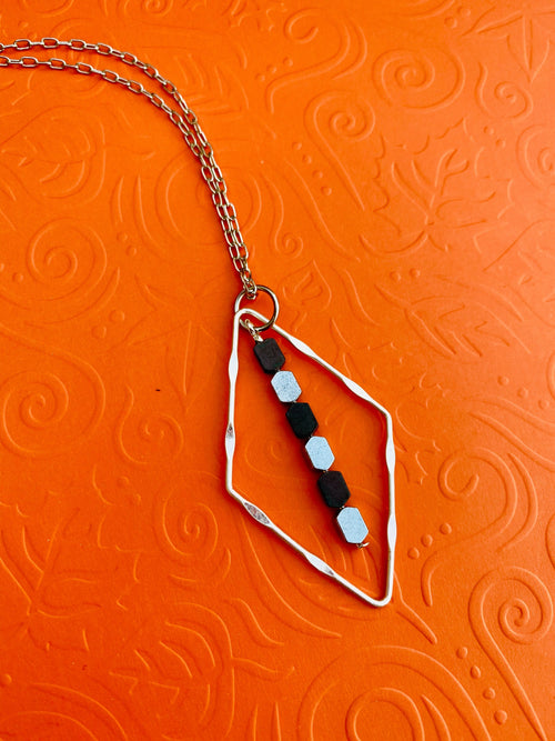 Dainty Silver Diamond Necklace, Black Hematite Beads, Two Tone