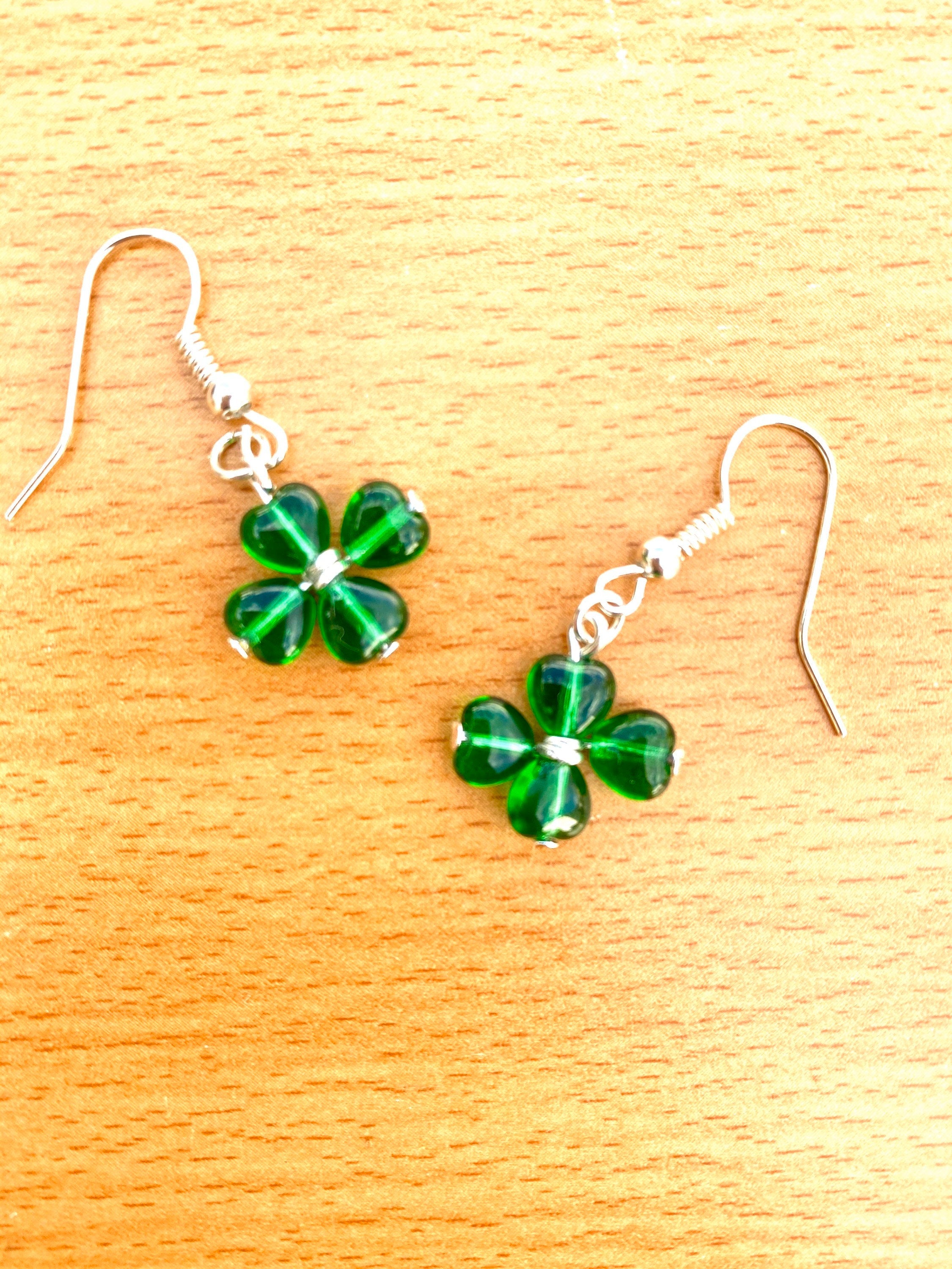 St. Patrick's Day Clover Earrings, Green Heart Beads, Irish Gift