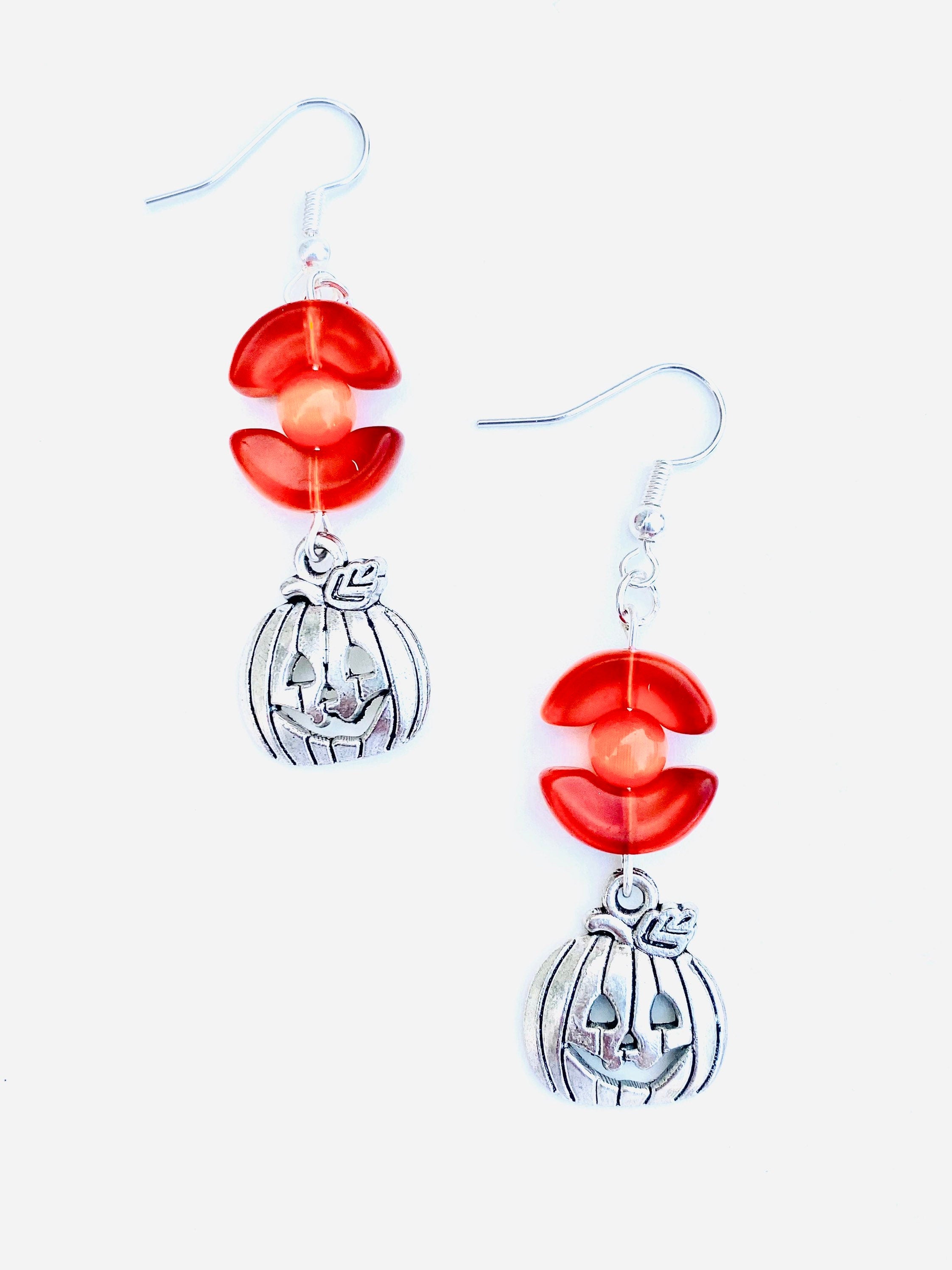 Halloween Pumpkin Earrings, Orange Beads, Silver Plated, Festive
