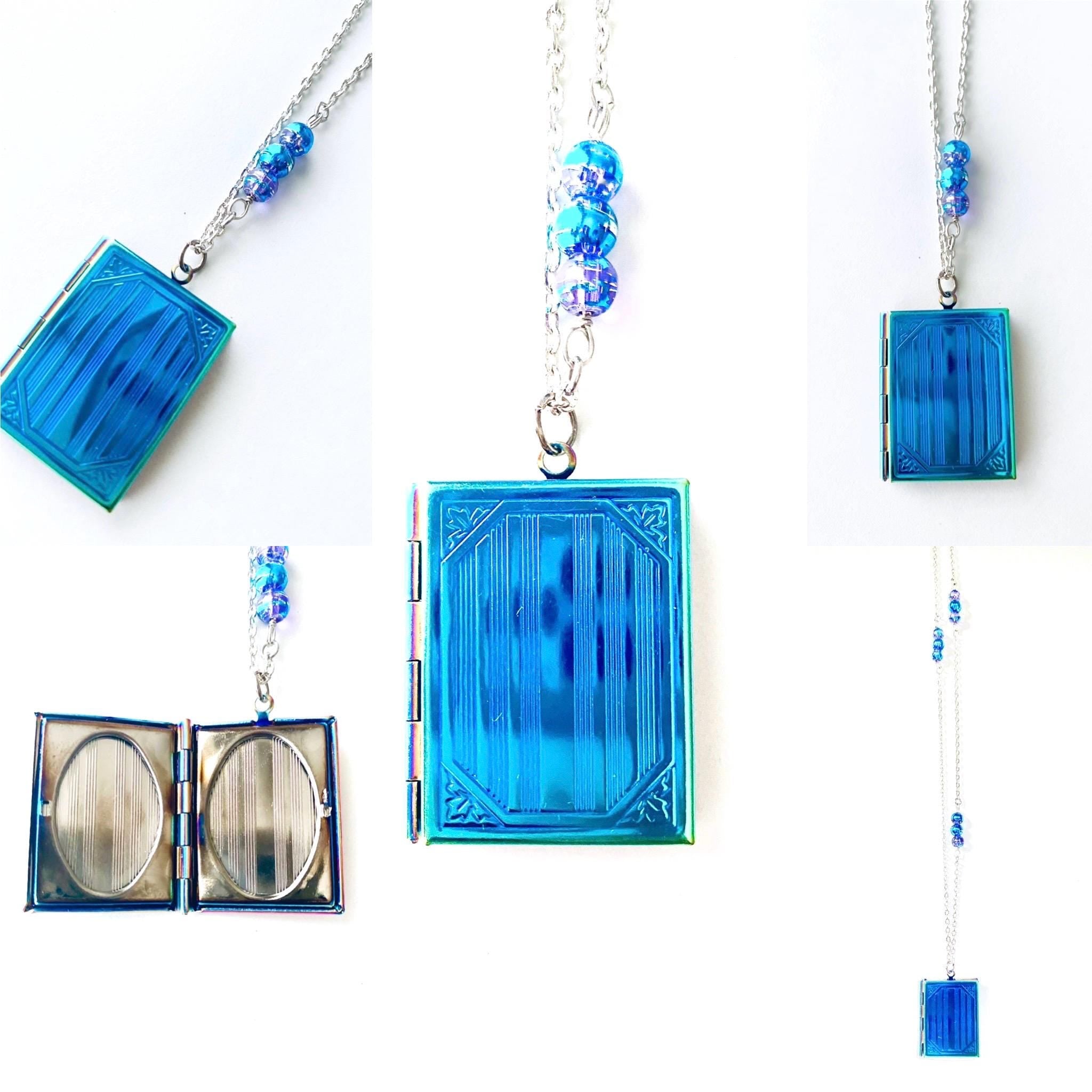 Iridescent Blue Locket Pendant Necklace, Silver Chain, 30 inch