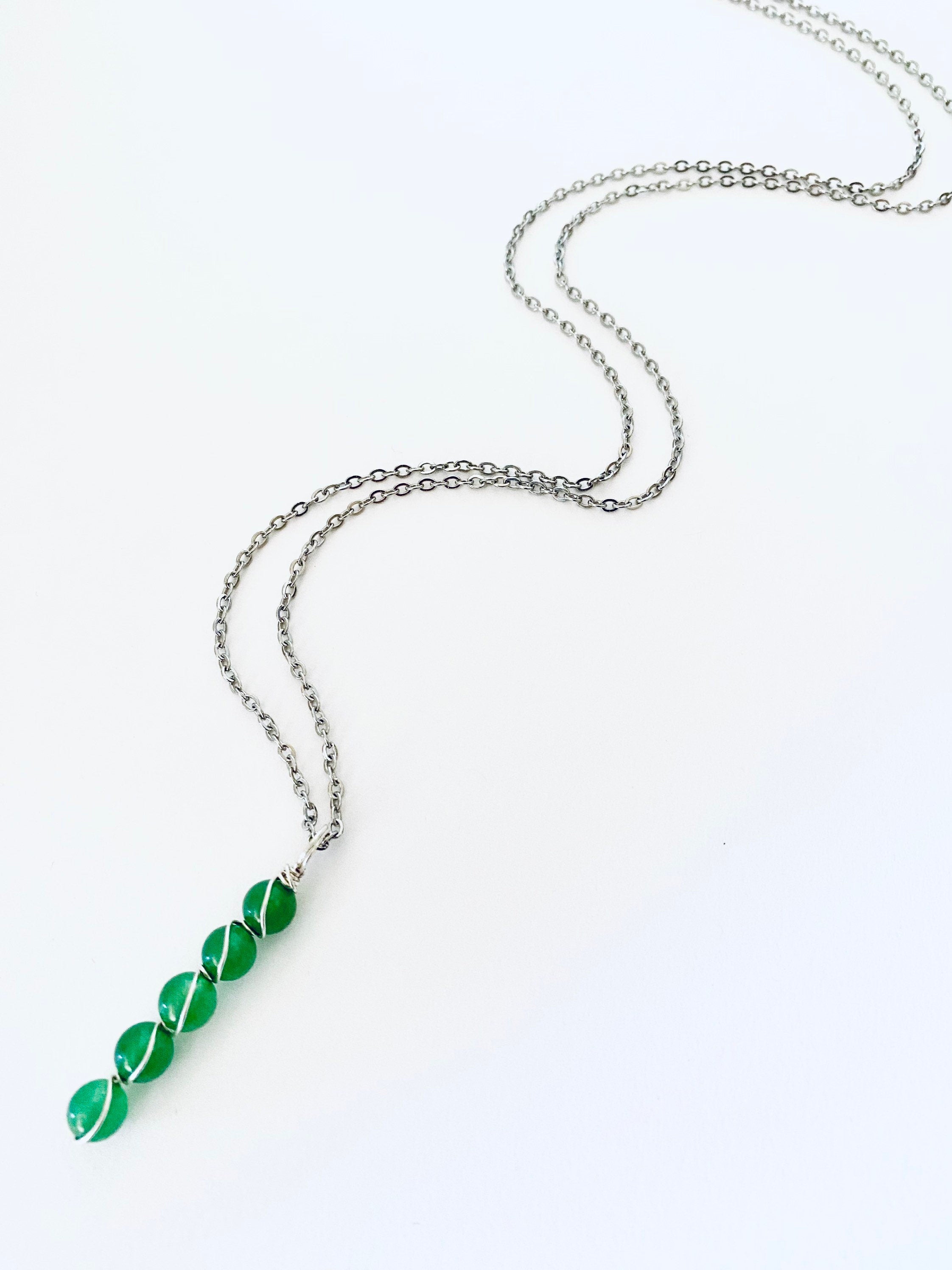 Green Jade Gemstone Necklace, Sterling Silver Wire Wrapped, Spiritual Jewelry