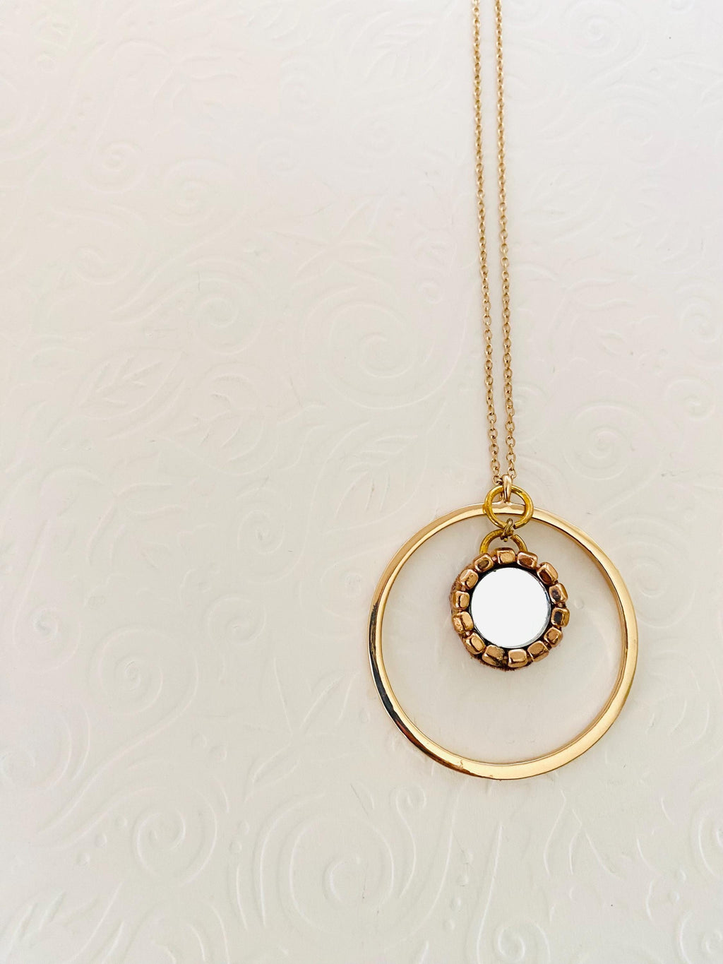 Mirror Pendant Necklace, 30" Gold Plated Circular Necklace