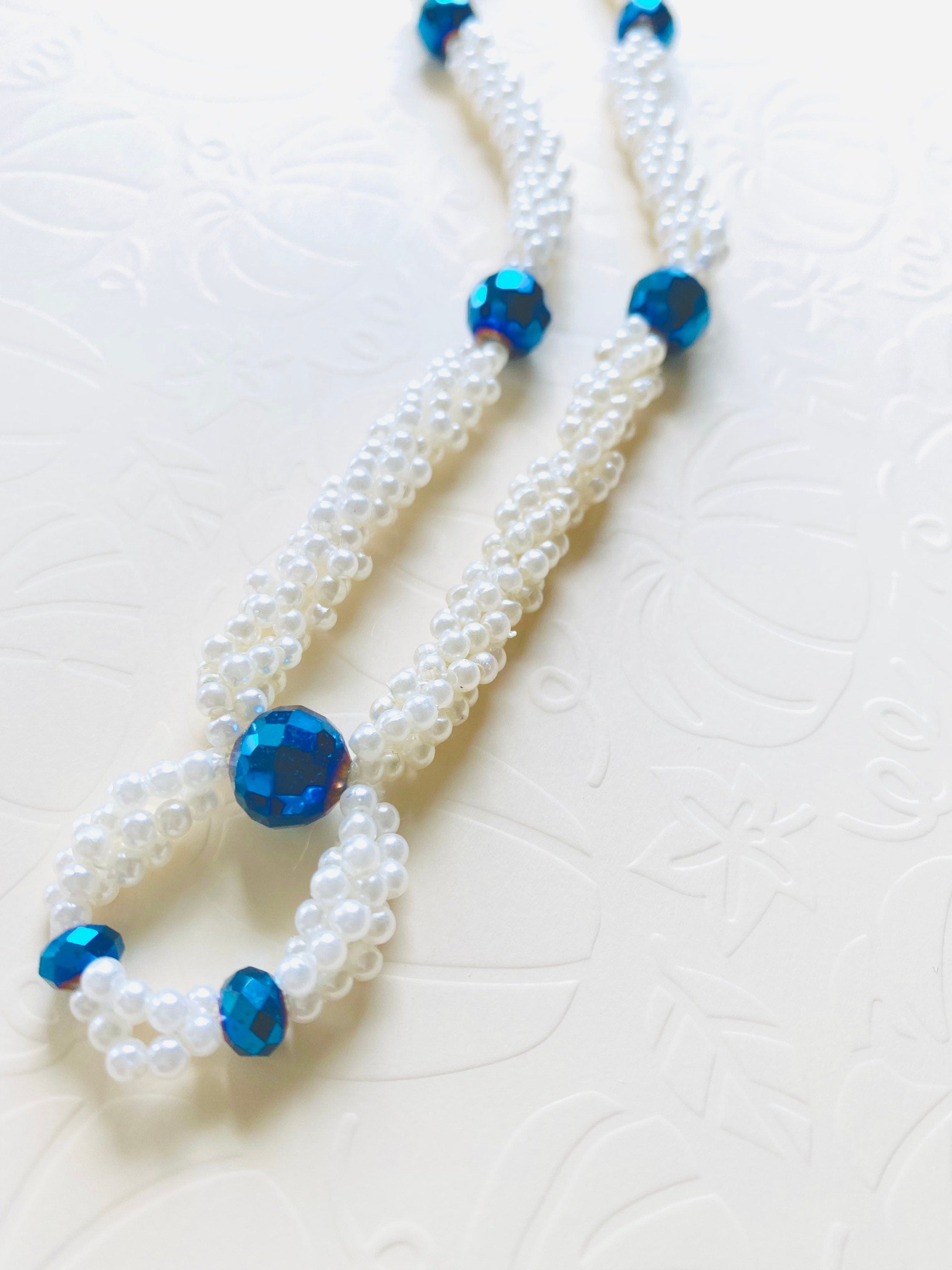 Spiral Beaded Necklace, Iridescent Blue, White Pearl Acrylic