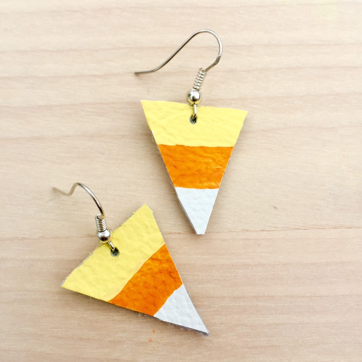 Candy Corn Leather Earrings, Hand-Painted Halloween Jewelry