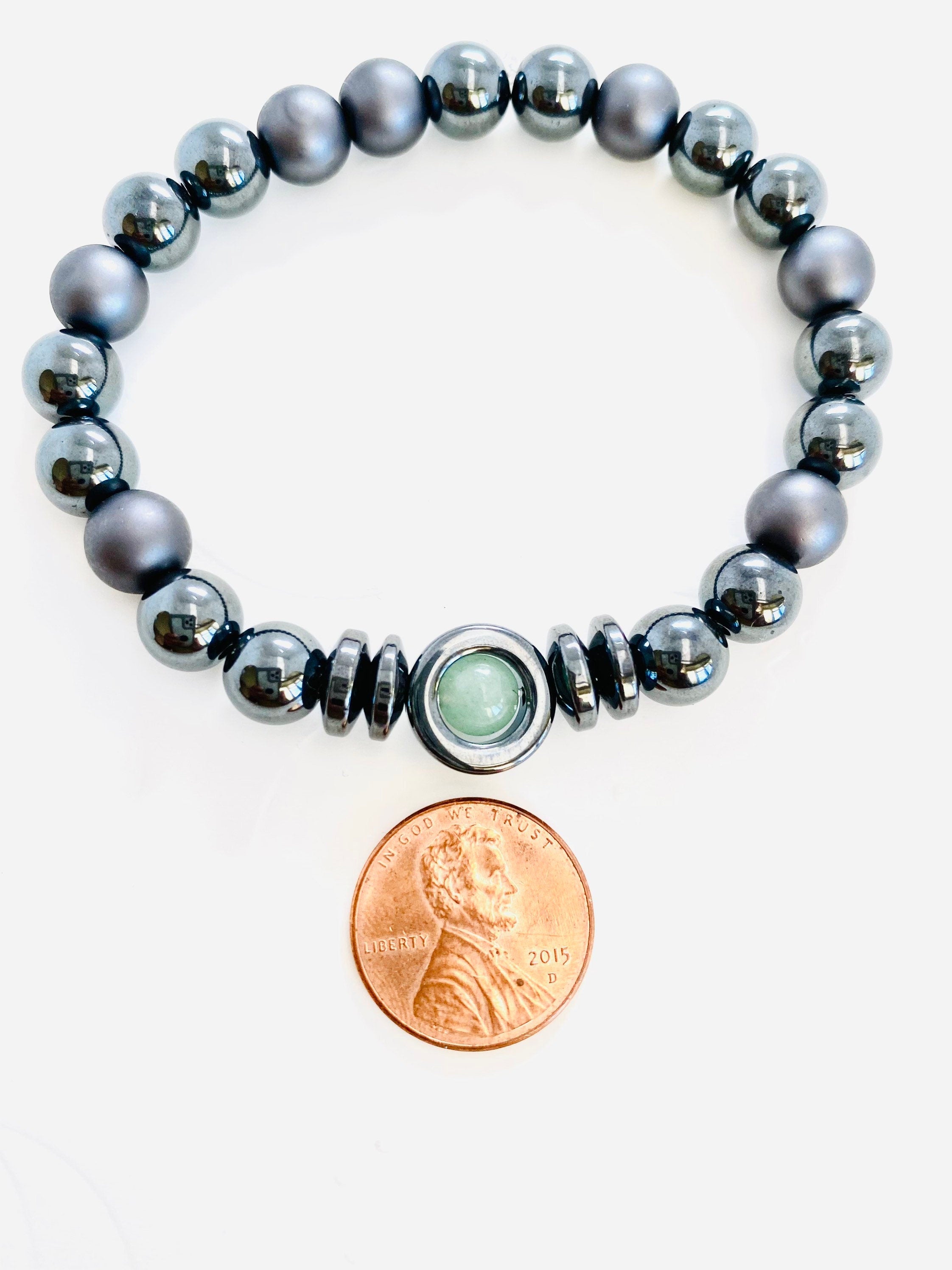 Jade Hematite Gemstone Stretch Bracelet, Unisex Healing Jewelry