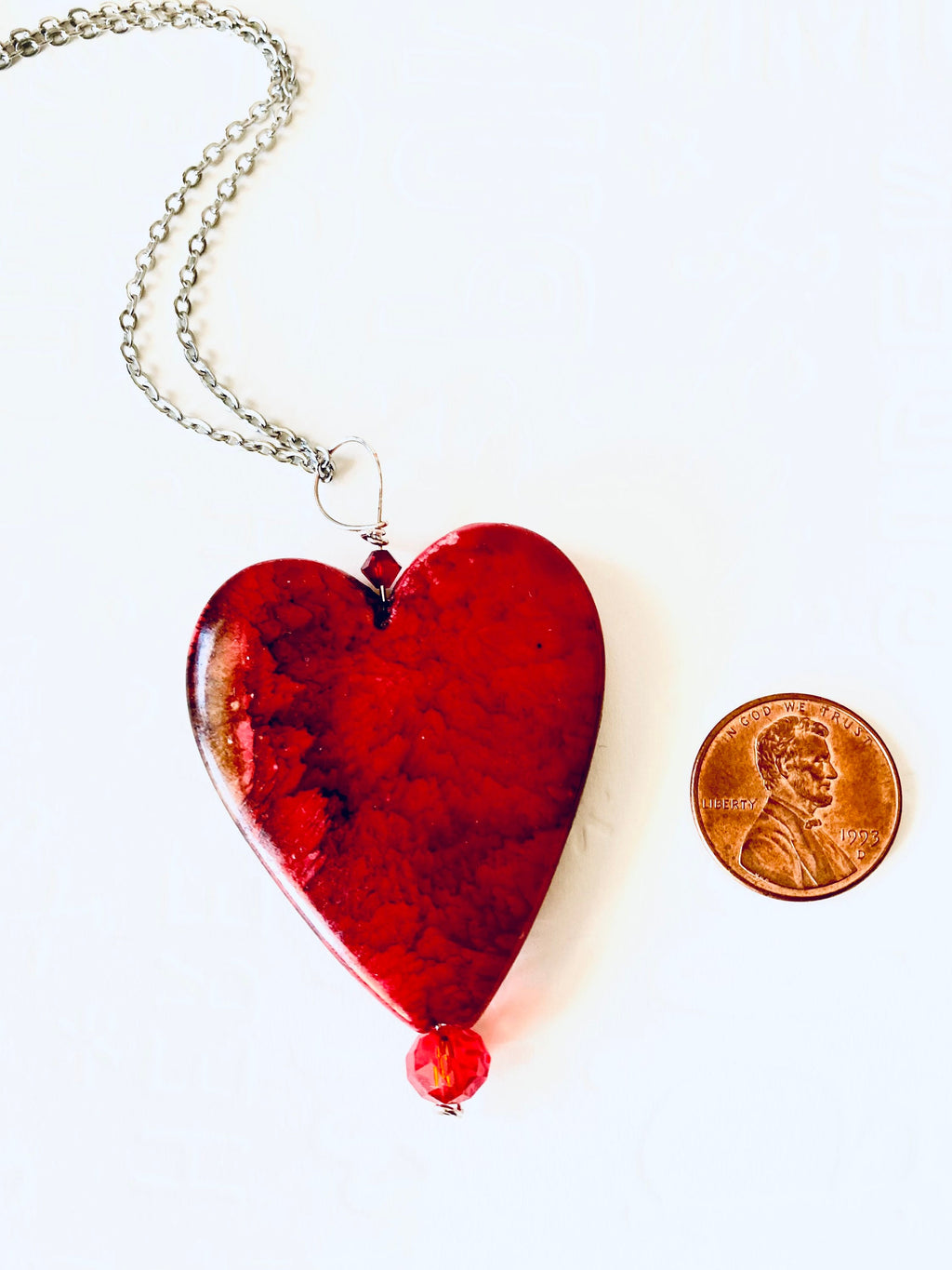 Red Glass Heart Pendant Necklace, Silver Plated Chain, Czech Crystals