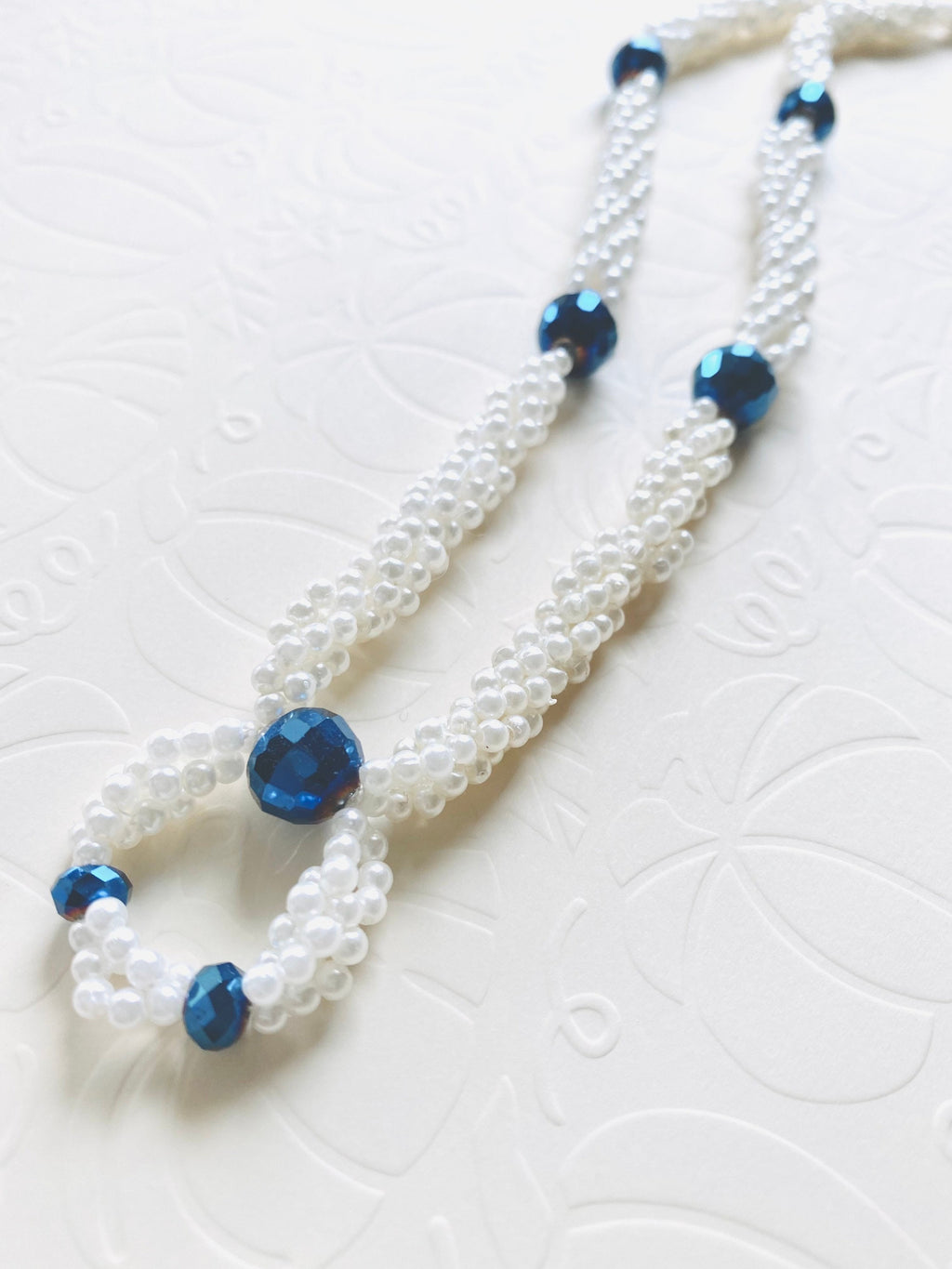 Spiral Beaded Necklace, Iridescent Blue, White Pearl Acrylic