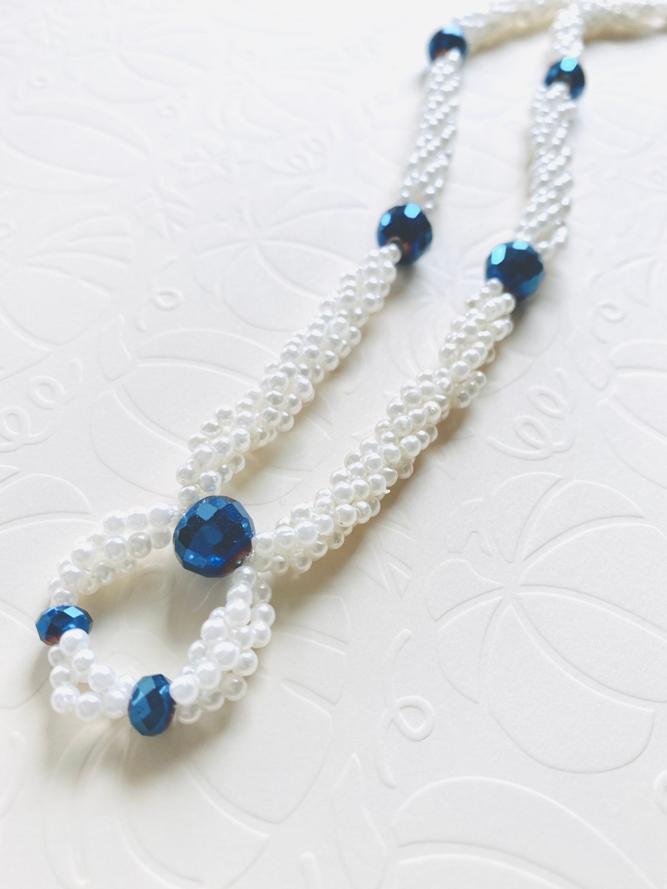 Spiral Beaded Necklace, Iridescent Blue, White Pearl Acrylic