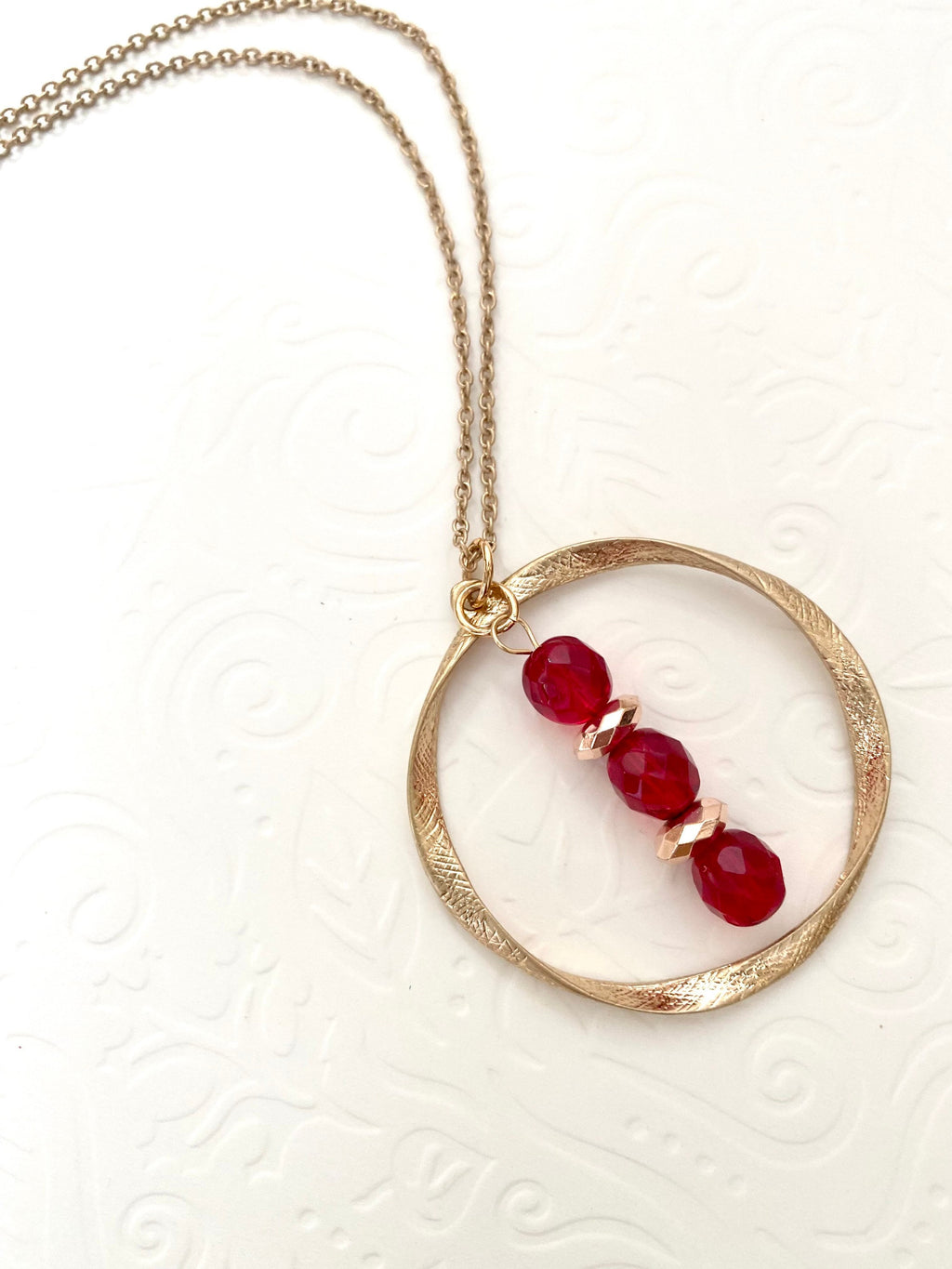 Red Crystal Gold Pendant Necklace, Circular Charm, 30 Inch Chain
