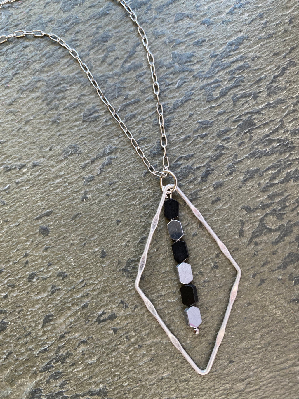 Dainty Silver Diamond Necklace, Black Hematite Beads, Two Tone