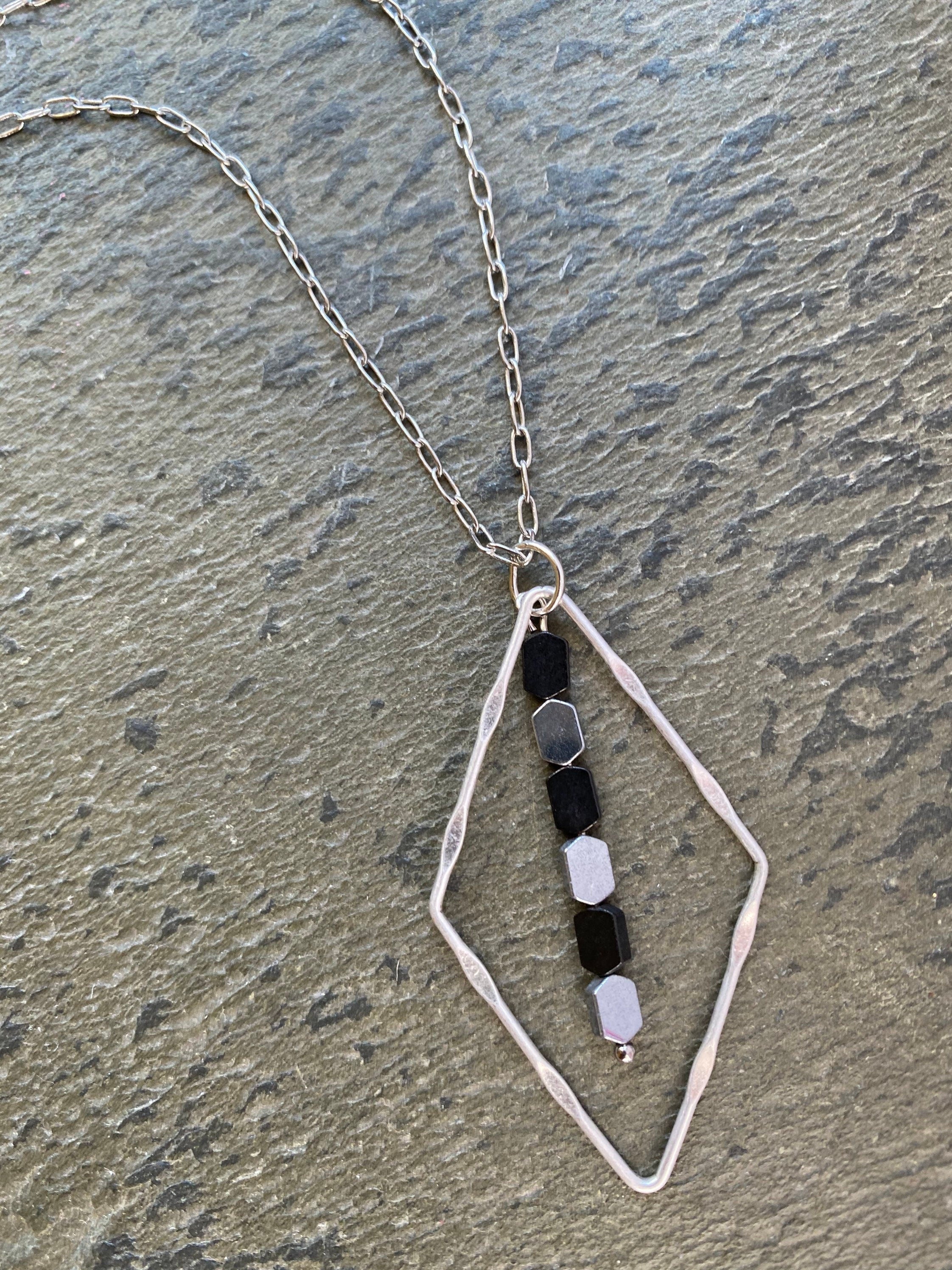 Dainty Silver Diamond Necklace, Black Hematite Beads, Two Tone