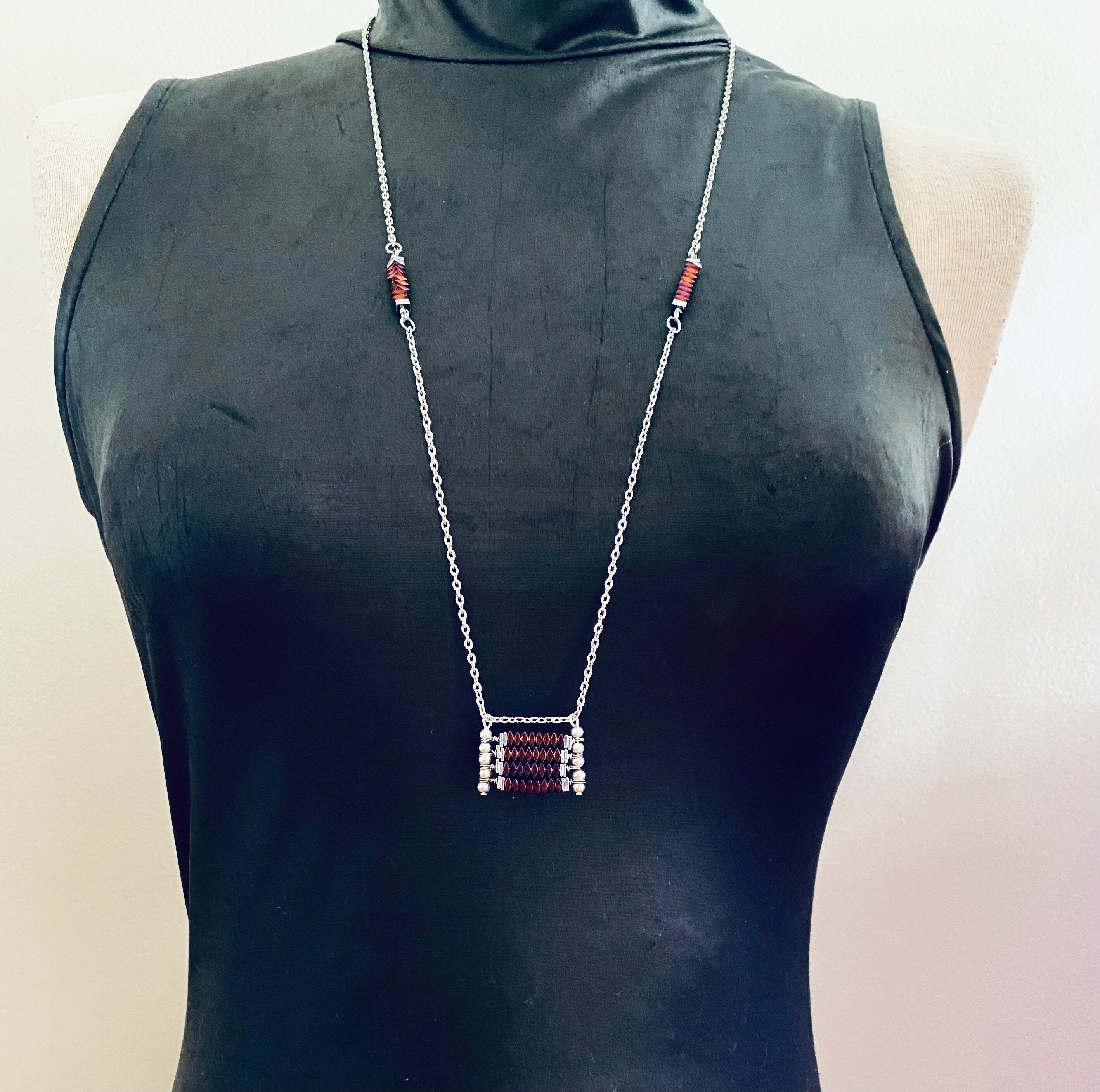 Burgundy Beaded Pendant Necklace, Silver Plated Chain, Festive Jewelry