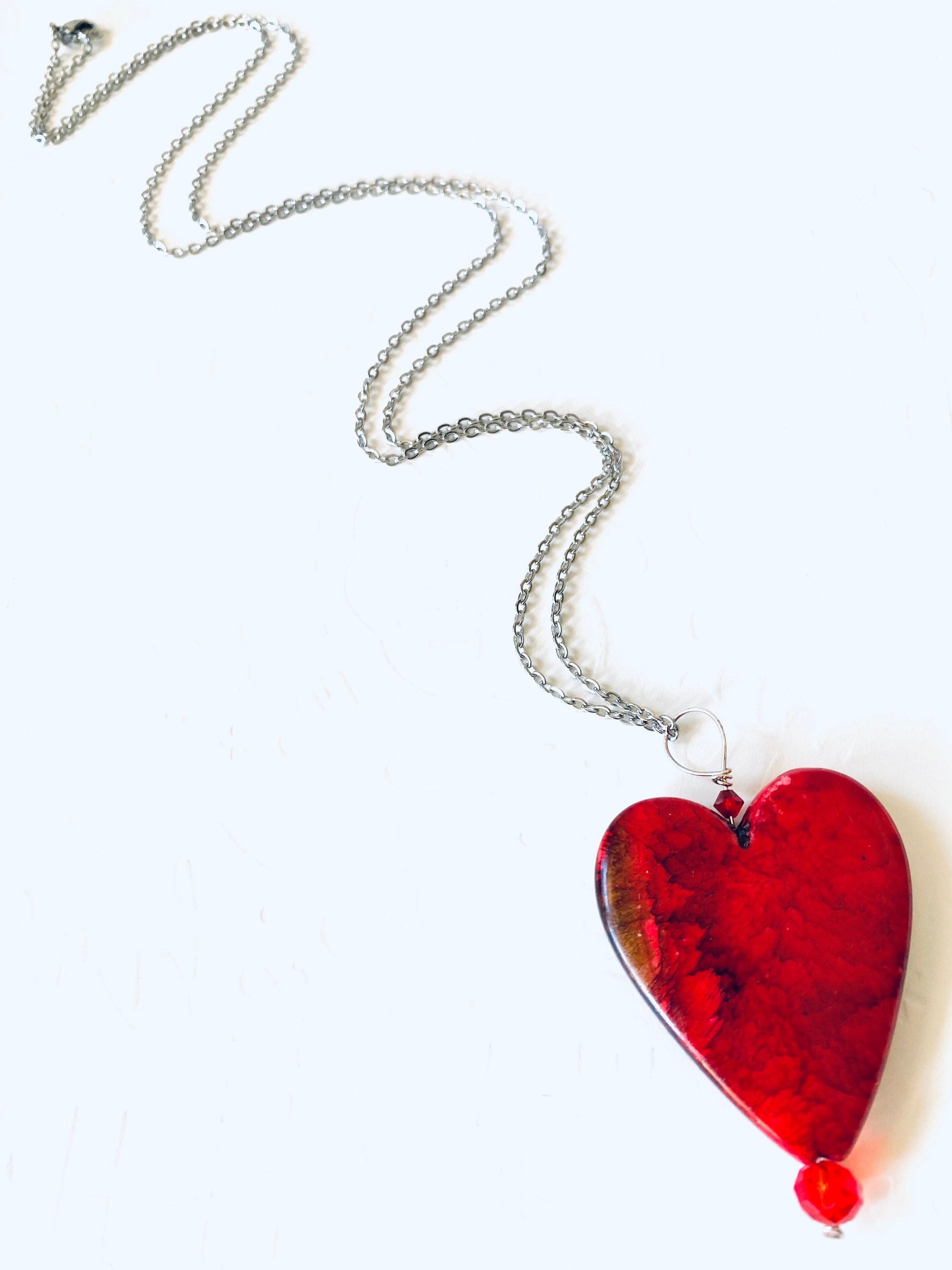 Red Glass Heart Pendant Necklace, Silver Plated Chain, Czech Crystals