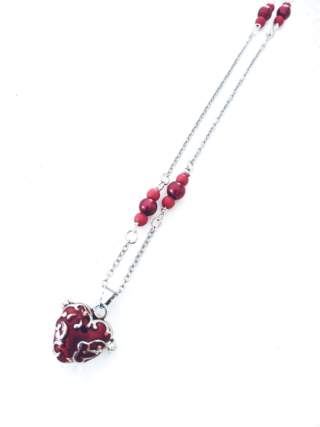 Red Heart Locket Necklace, Filigree Pendant, Sentimental Keepsake