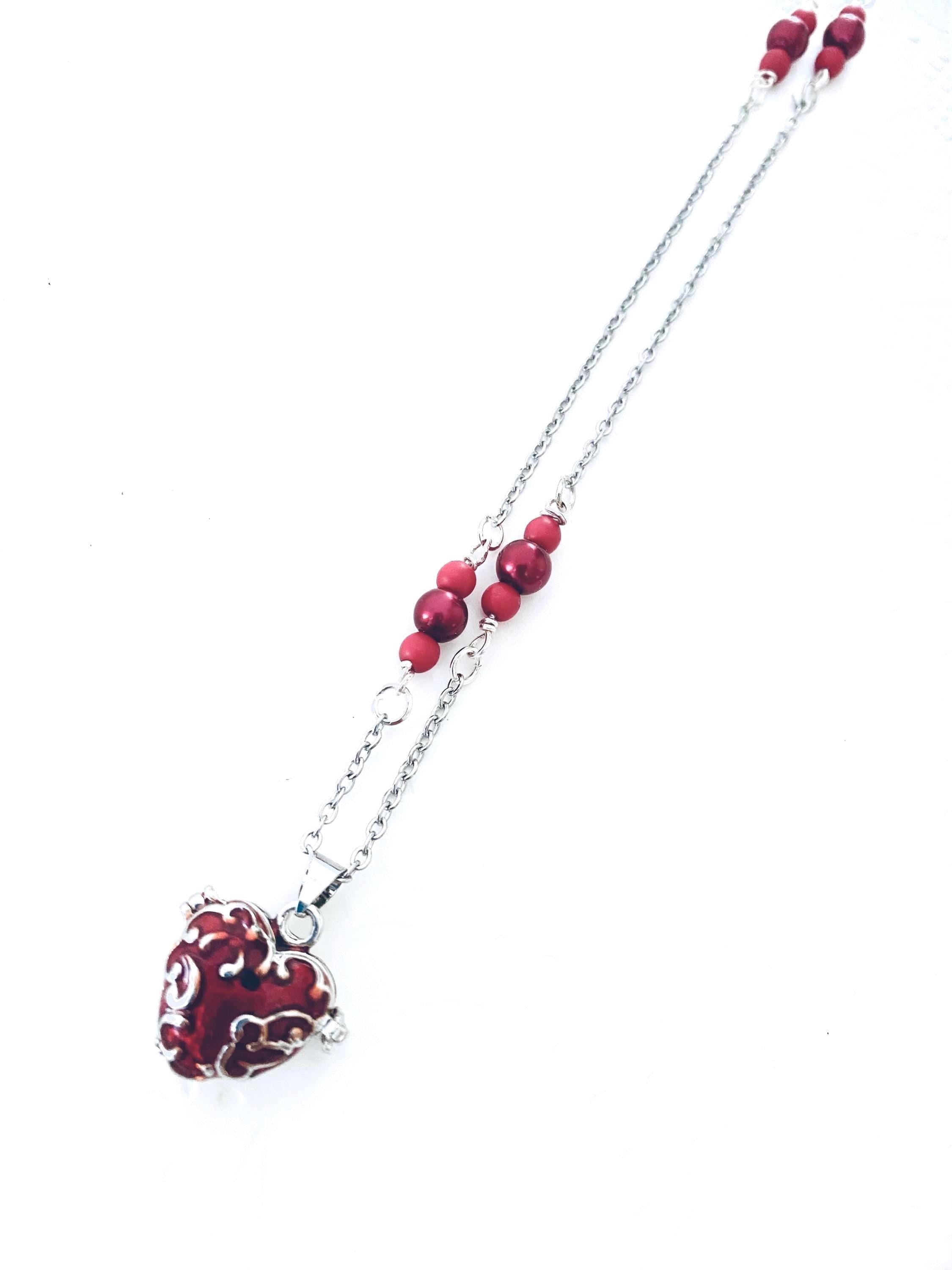 Red Heart Locket Necklace, Filigree Pendant, Sentimental Keepsake