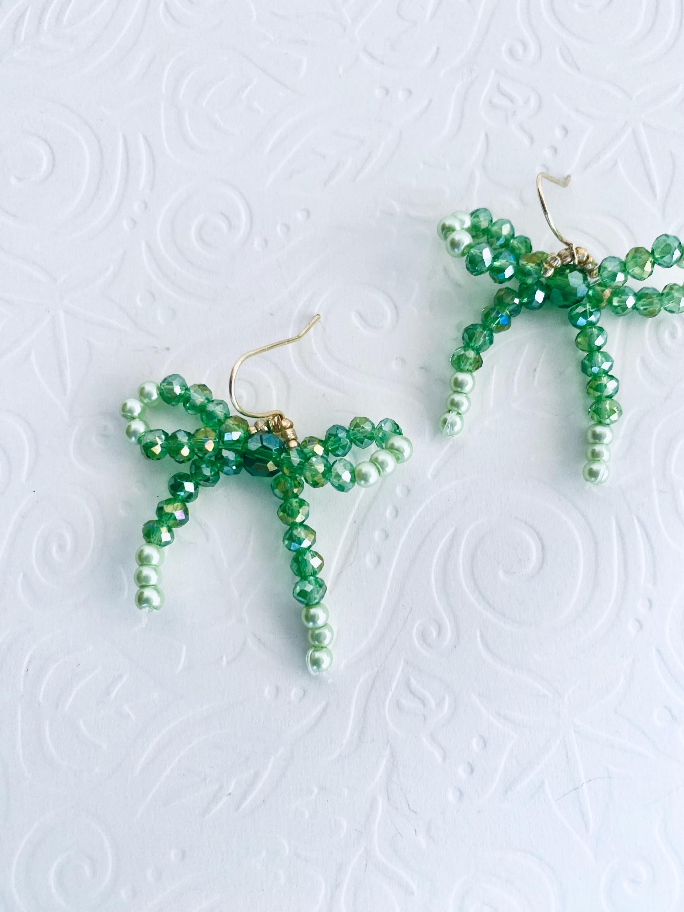 Handmade Green Crystal Bow Earrings, Beaded Dangle Earrings