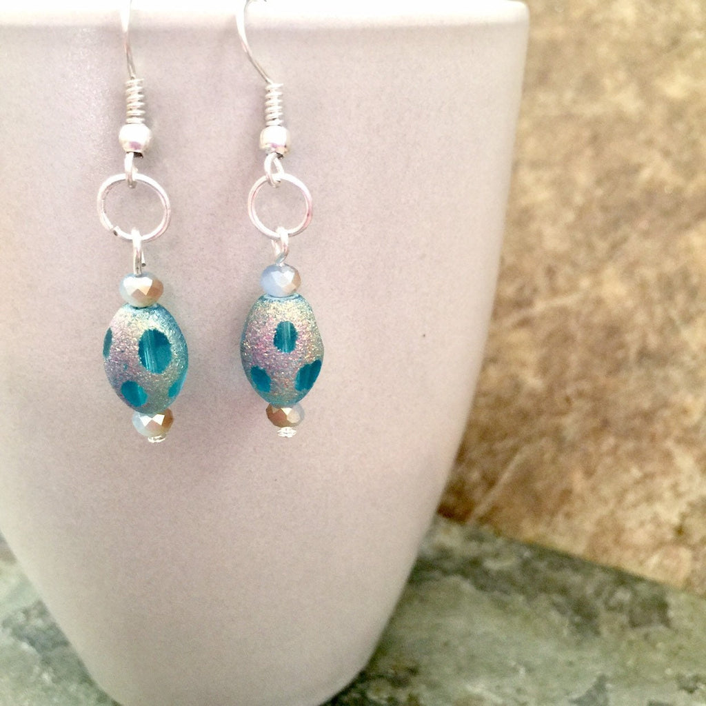 Iridescent Blue Dangle Earrings, Easter Egg Style
