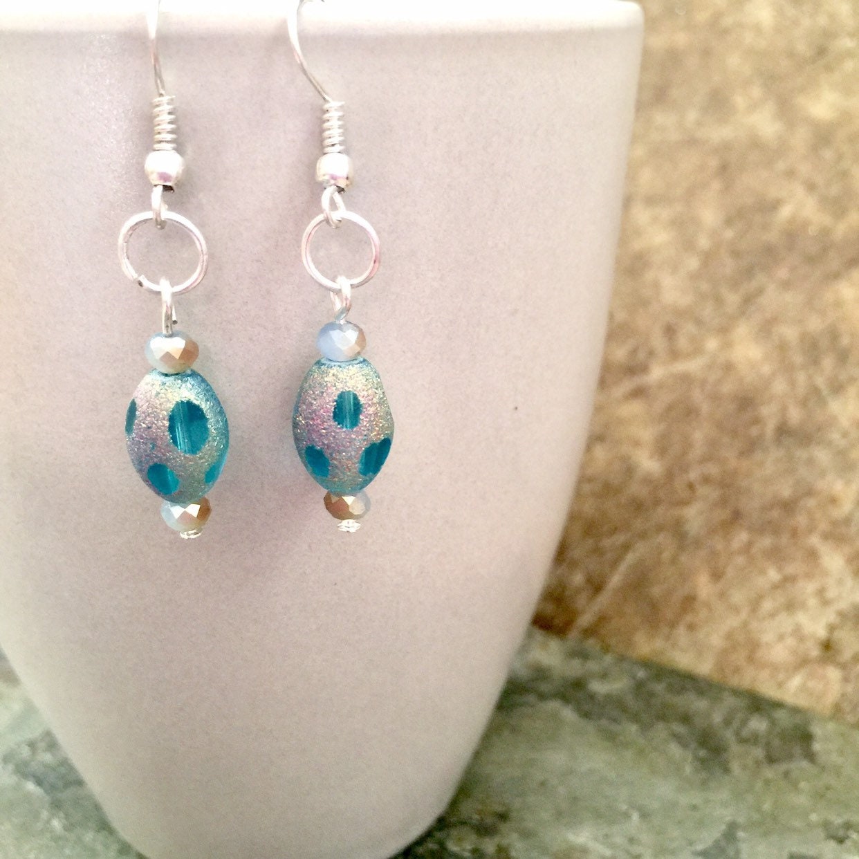 Iridescent Blue Dangle Earrings, Easter Egg Style