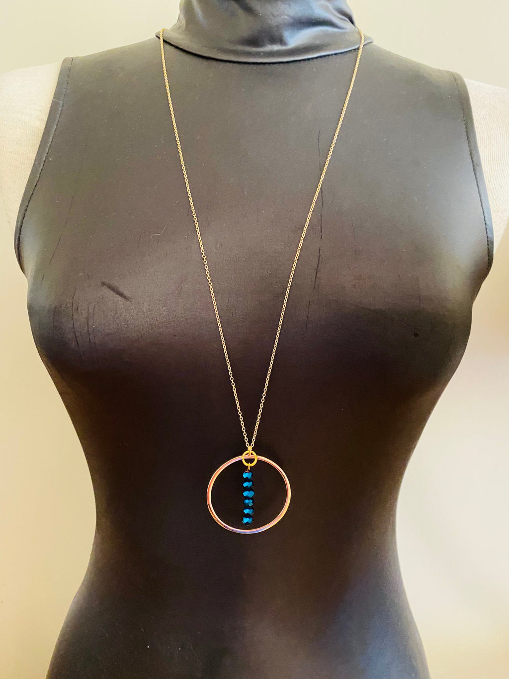 Electric Blue Beaded Pendant Necklace, Gold Plated Chain (30 inch)