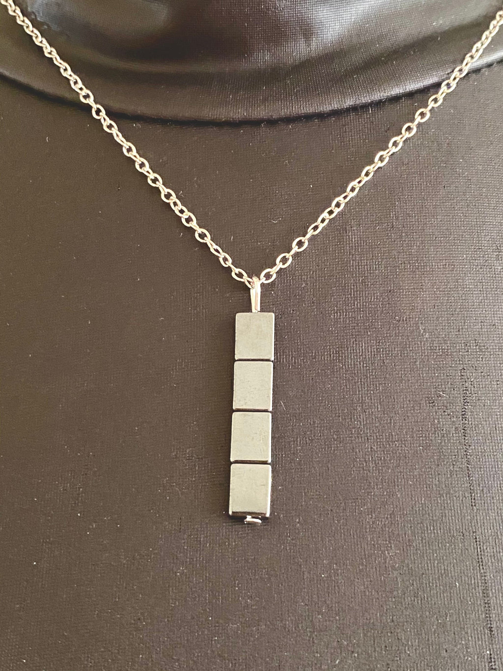 Hematite Bar Pendant Necklace, Gunmetal & Silver Plated Chain