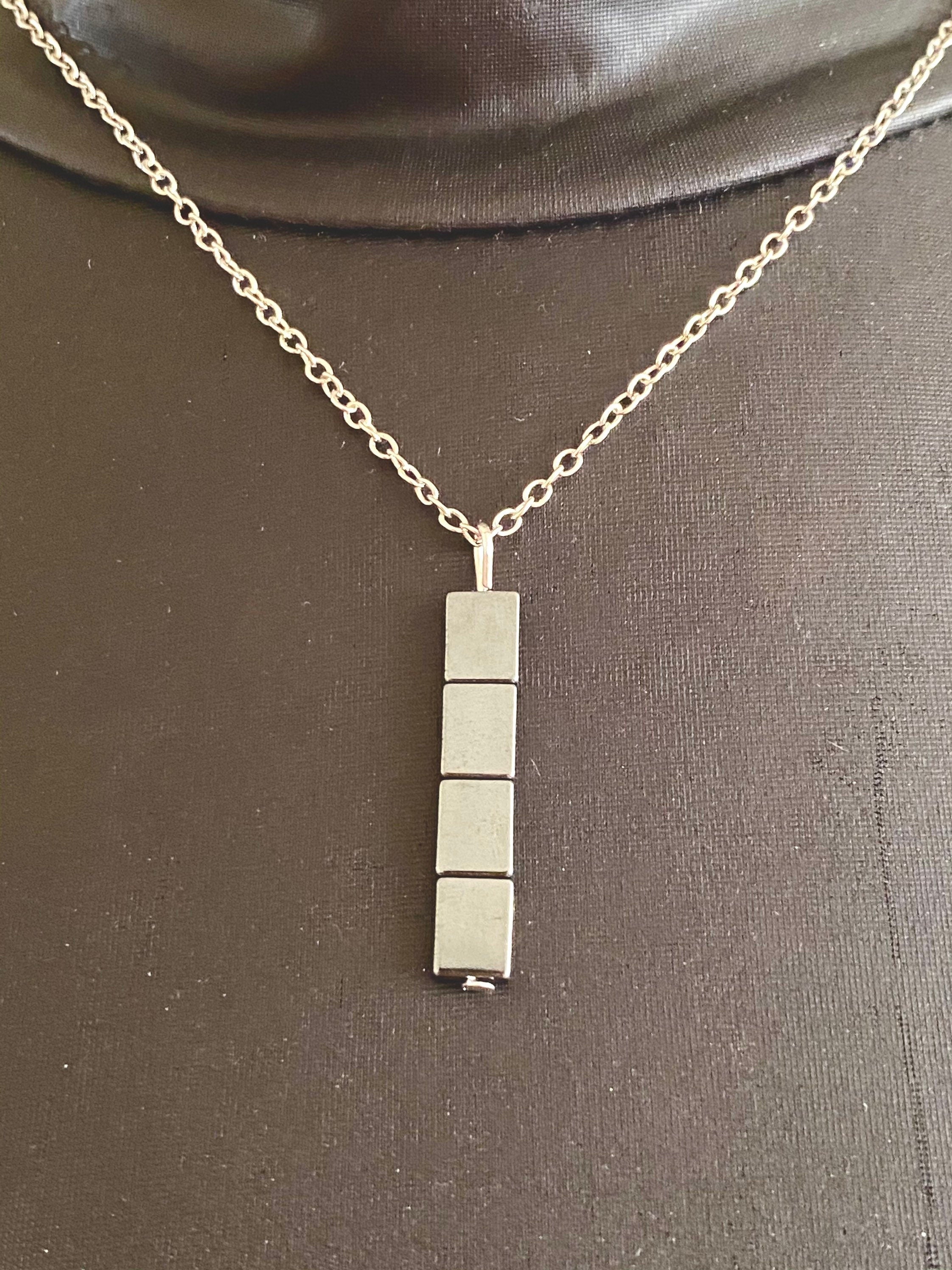 Hematite Bar Pendant Necklace, Gunmetal & Silver Plated Chain