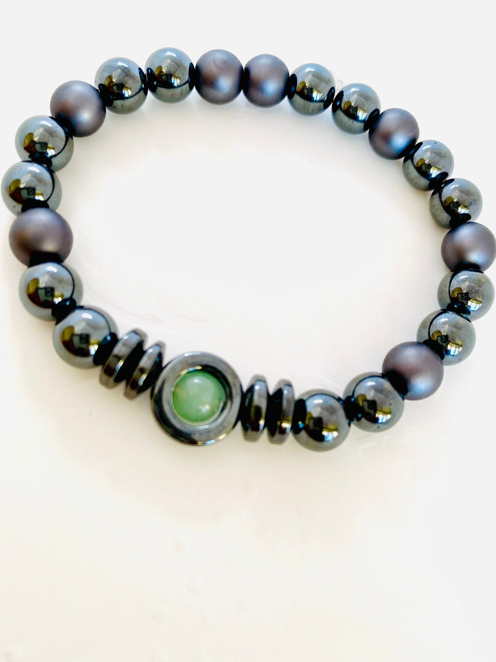 Jade Hematite Gemstone Stretch Bracelet, Unisex Healing Jewelry