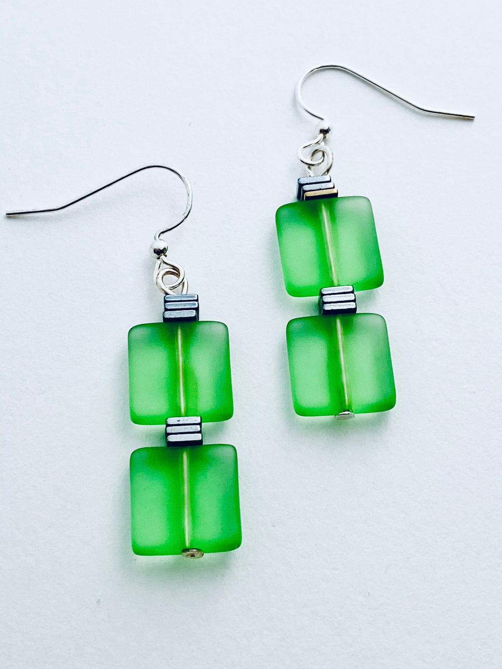 Green Sea Glass Dangle Earrings, Silver Plated Components