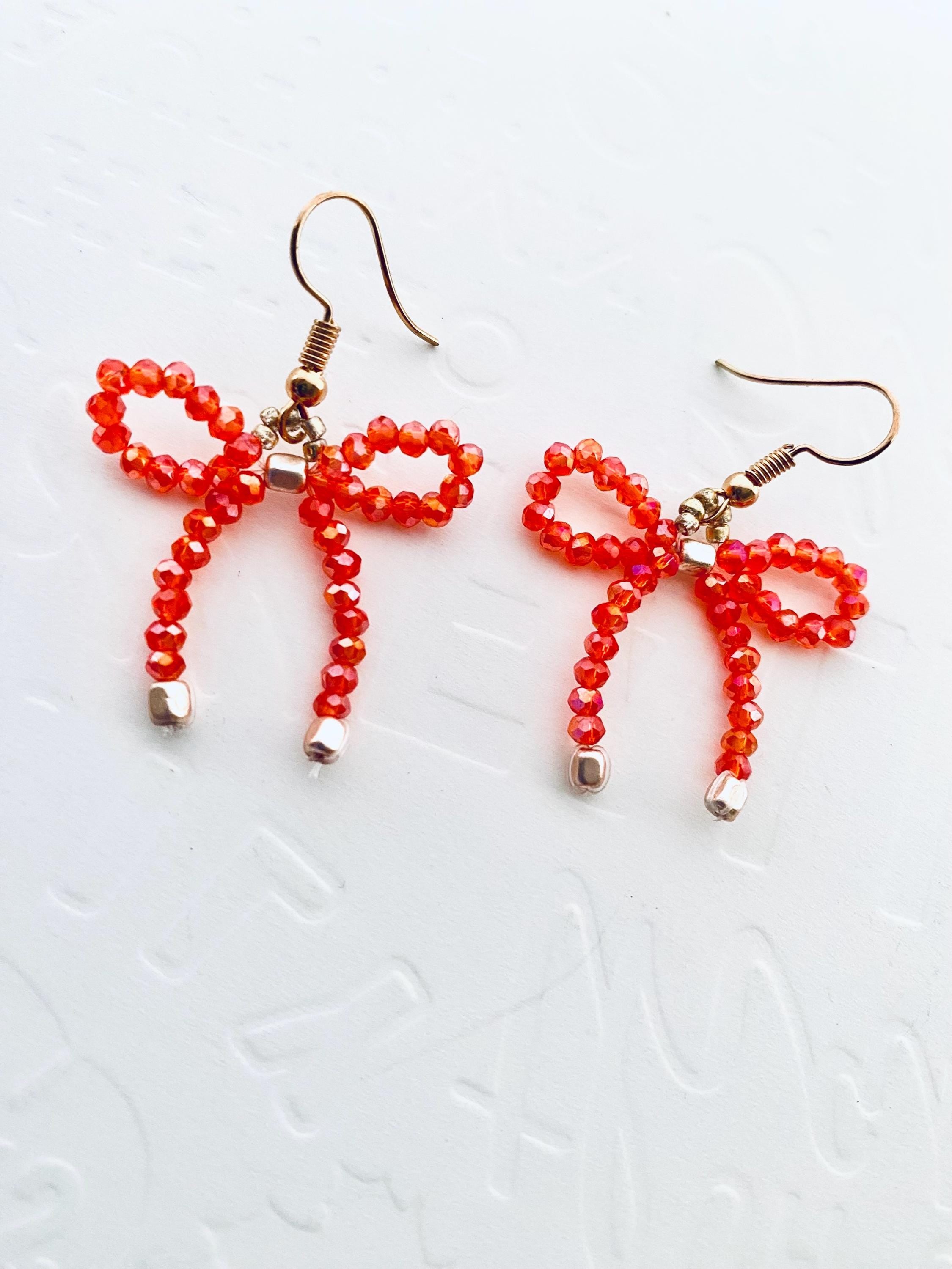 Halloween Crystal Bow Earrings, Orange Beaded Festive Jewelry