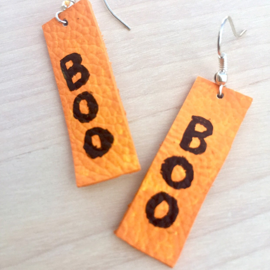 Halloween Leather Earrings, Hand-Painted 'Boo' Design, Spooky Chic