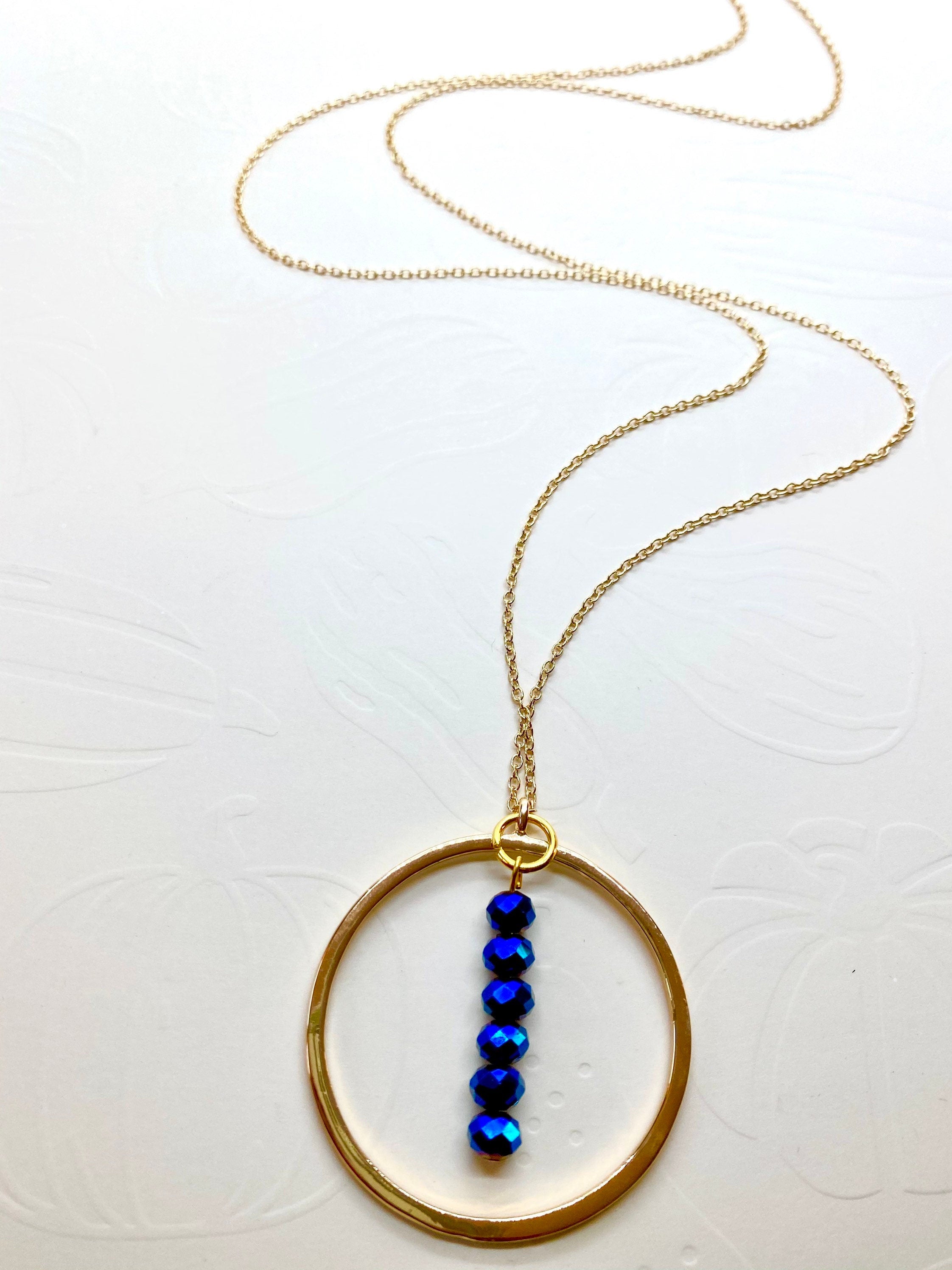 Electric Blue Beaded Pendant Necklace, Gold Plated Chain (30 inch)