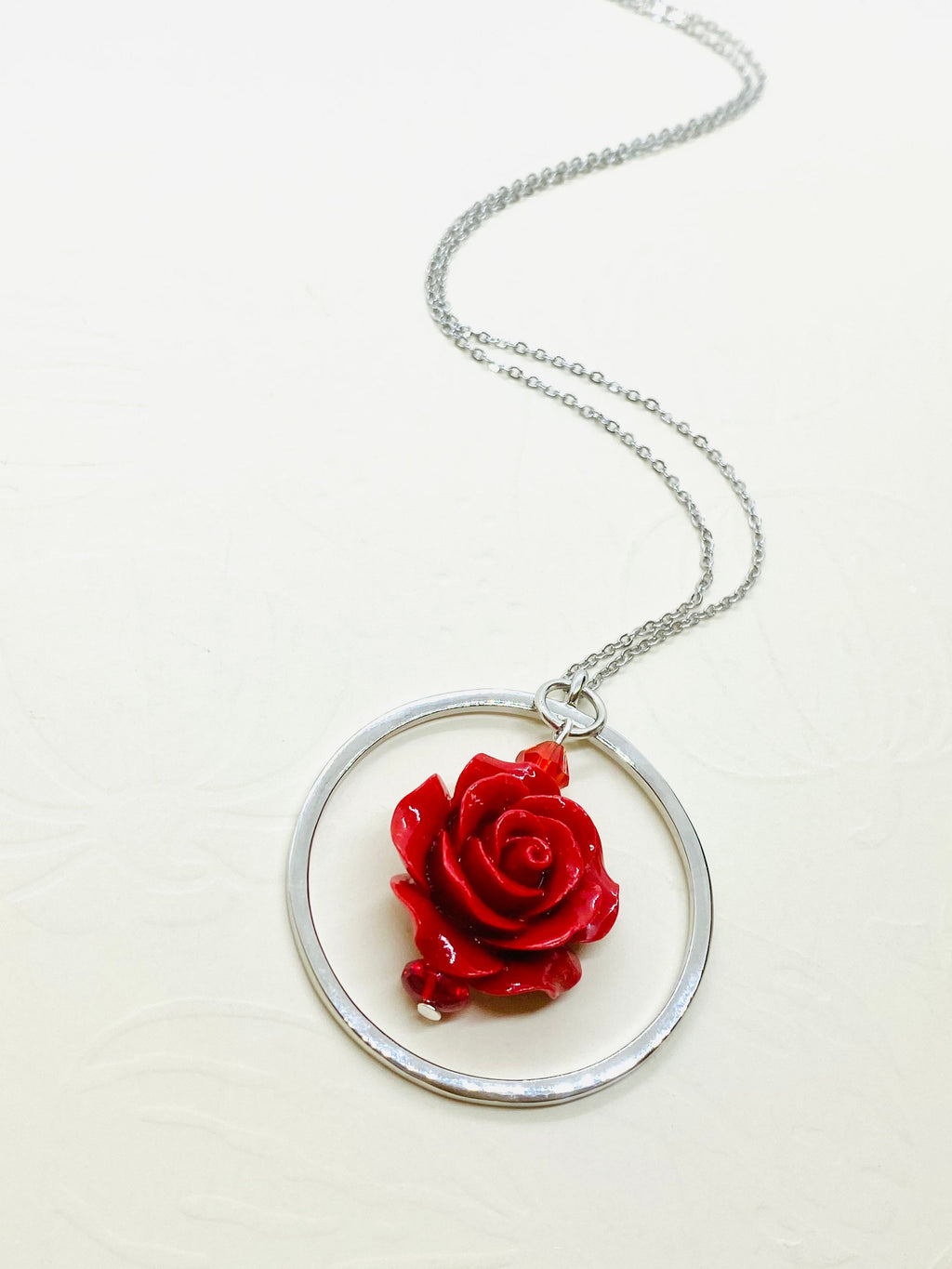 Red Rose Circular Pendant Necklace, Silver Plated, 30 inch
