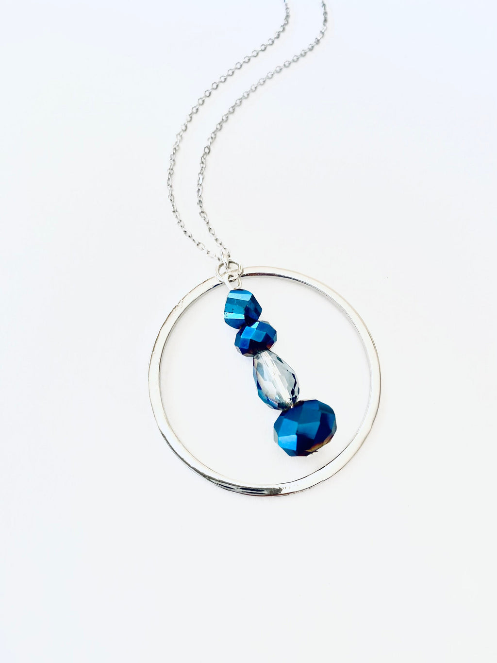 Blue Iridescent Beaded Pendant Necklace, Silver Plated, 30 Inch