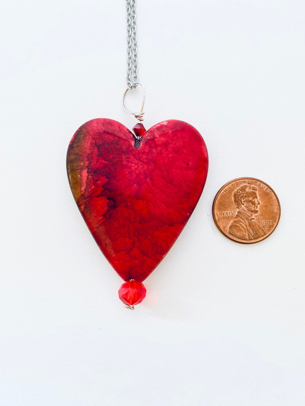 Red Glass Heart Pendant Necklace, Silver Plated Chain, Czech Crystals
