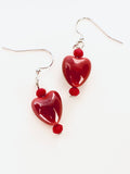 Red Glass Heart Earrings, Silver Plated Hooks, Czech Crystal Festive Jewelry