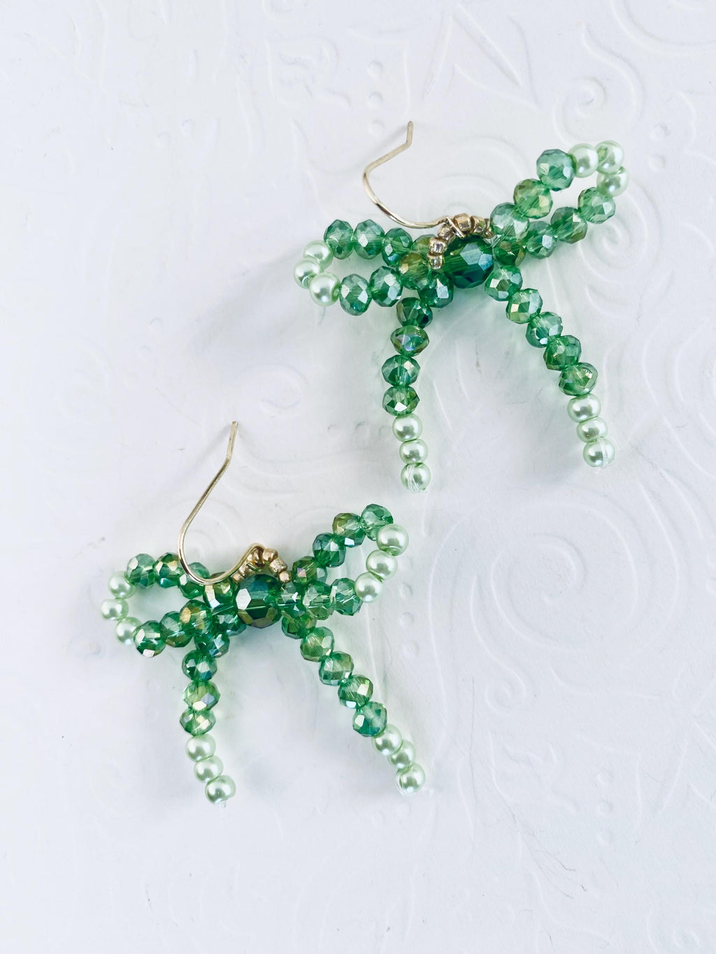 Handmade Green Crystal Bow Earrings, Beaded Dangle Earrings