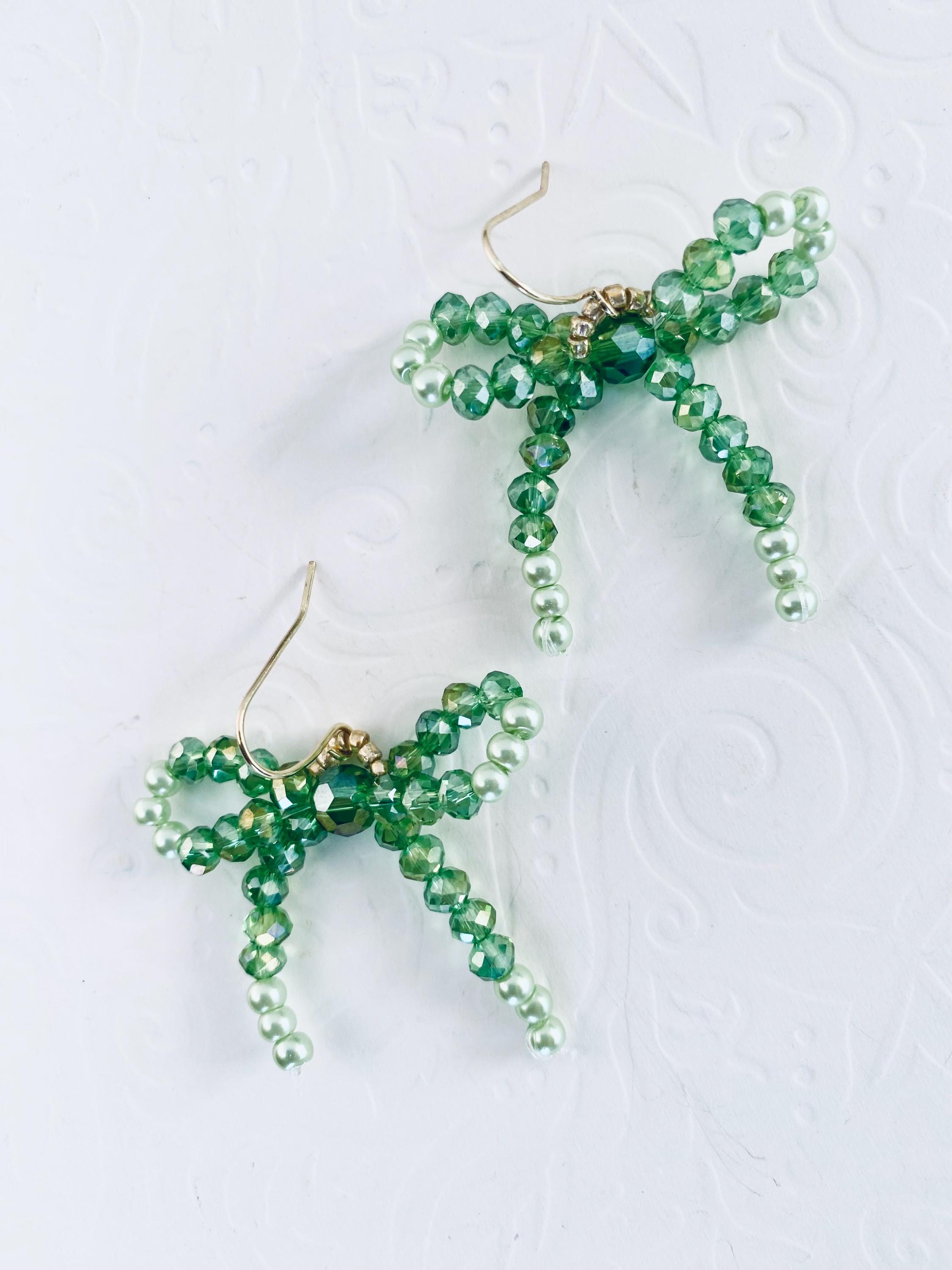Handmade Green Crystal Bow Earrings, Beaded Dangle Earrings