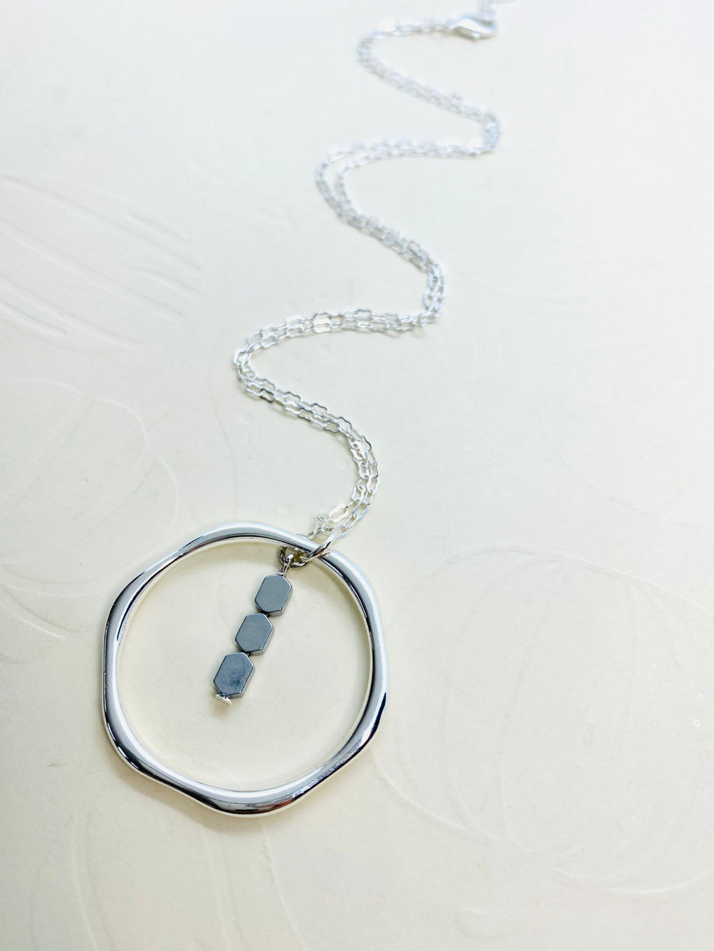 Silver Hexagon Pendant Necklace with Hematite Beads, 30 Inch Chain