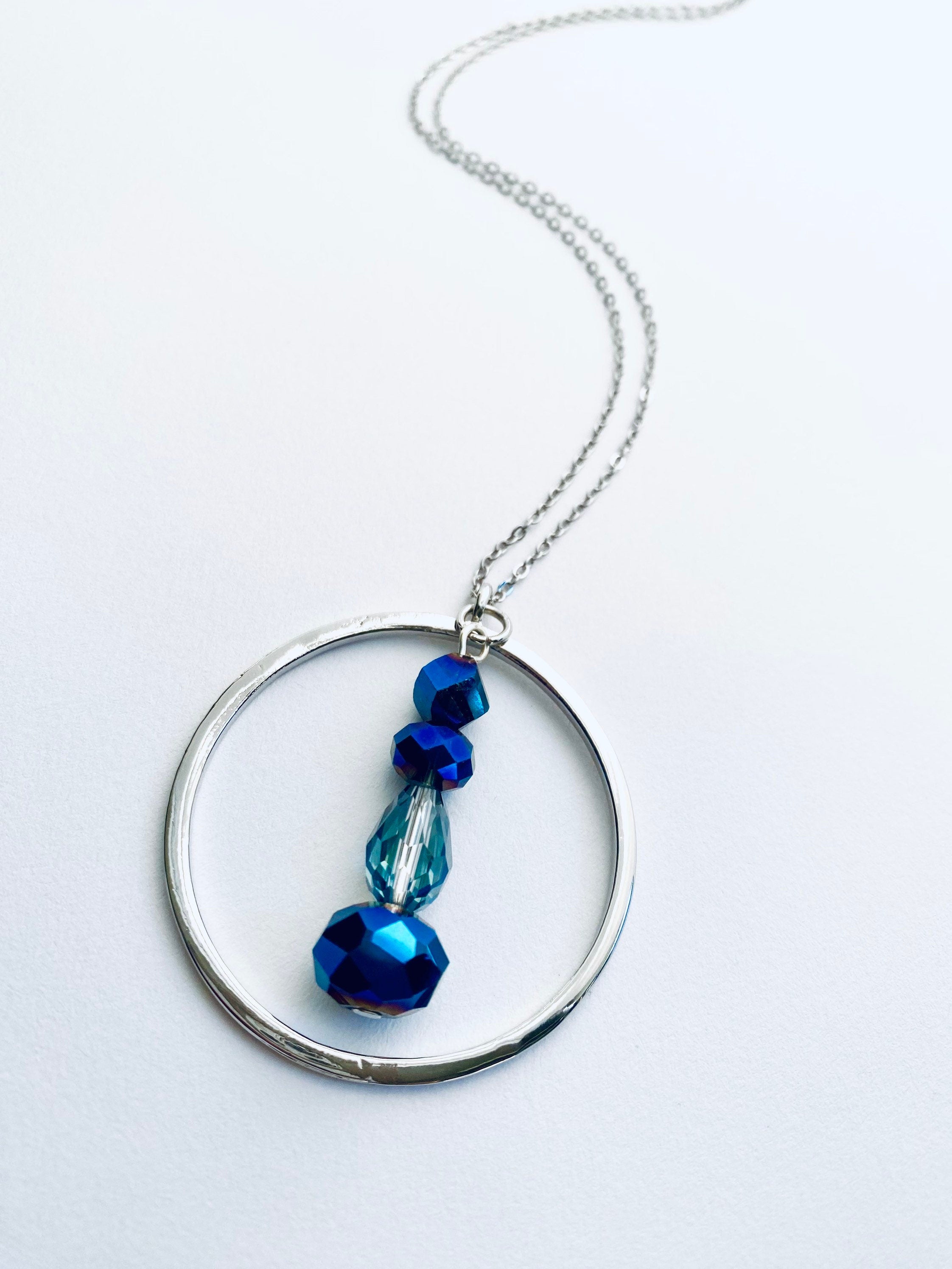 Blue Iridescent Beaded Pendant Necklace, Silver Plated, 30 Inch