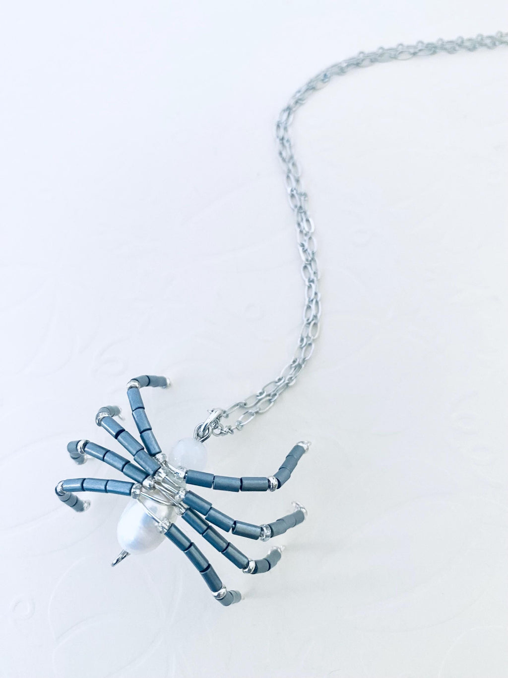 Beaded Spider Necklace, Pearl Pendant, Halloween Jewelry