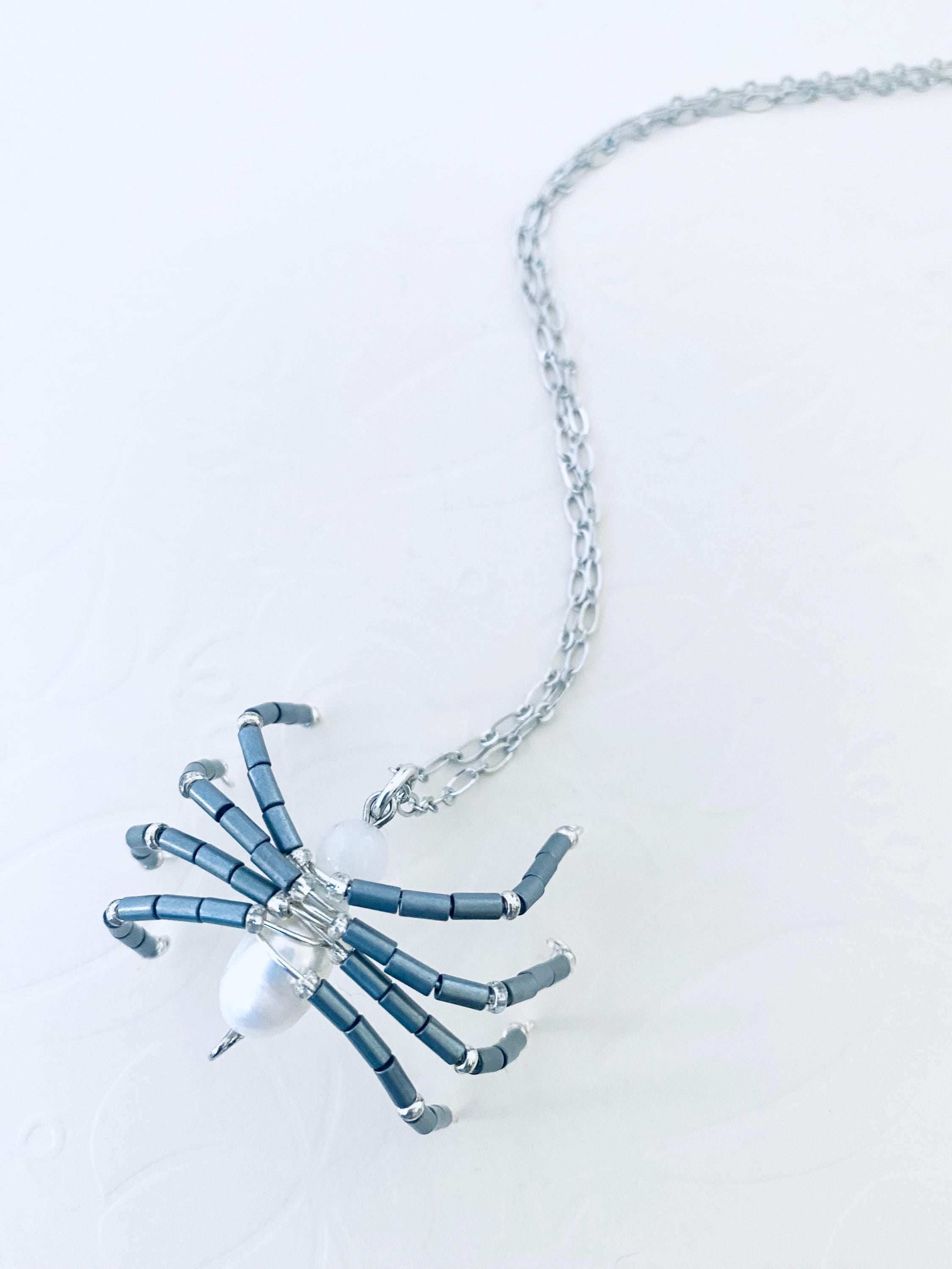 Beaded Spider Necklace, Pearl Pendant, Halloween Jewelry