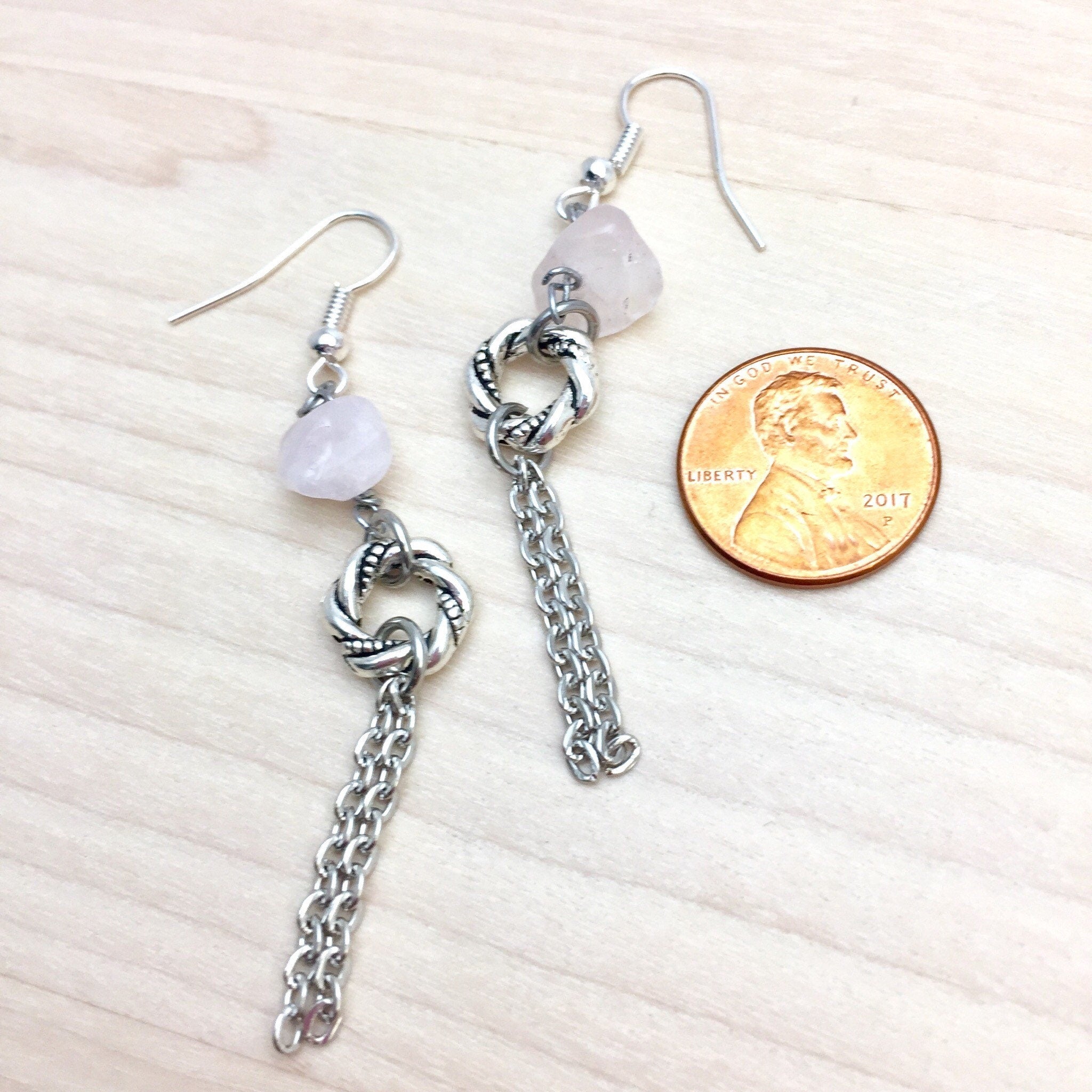 Rose Quartz Dangle Earrings, Silver Plated Chain, Lightweight