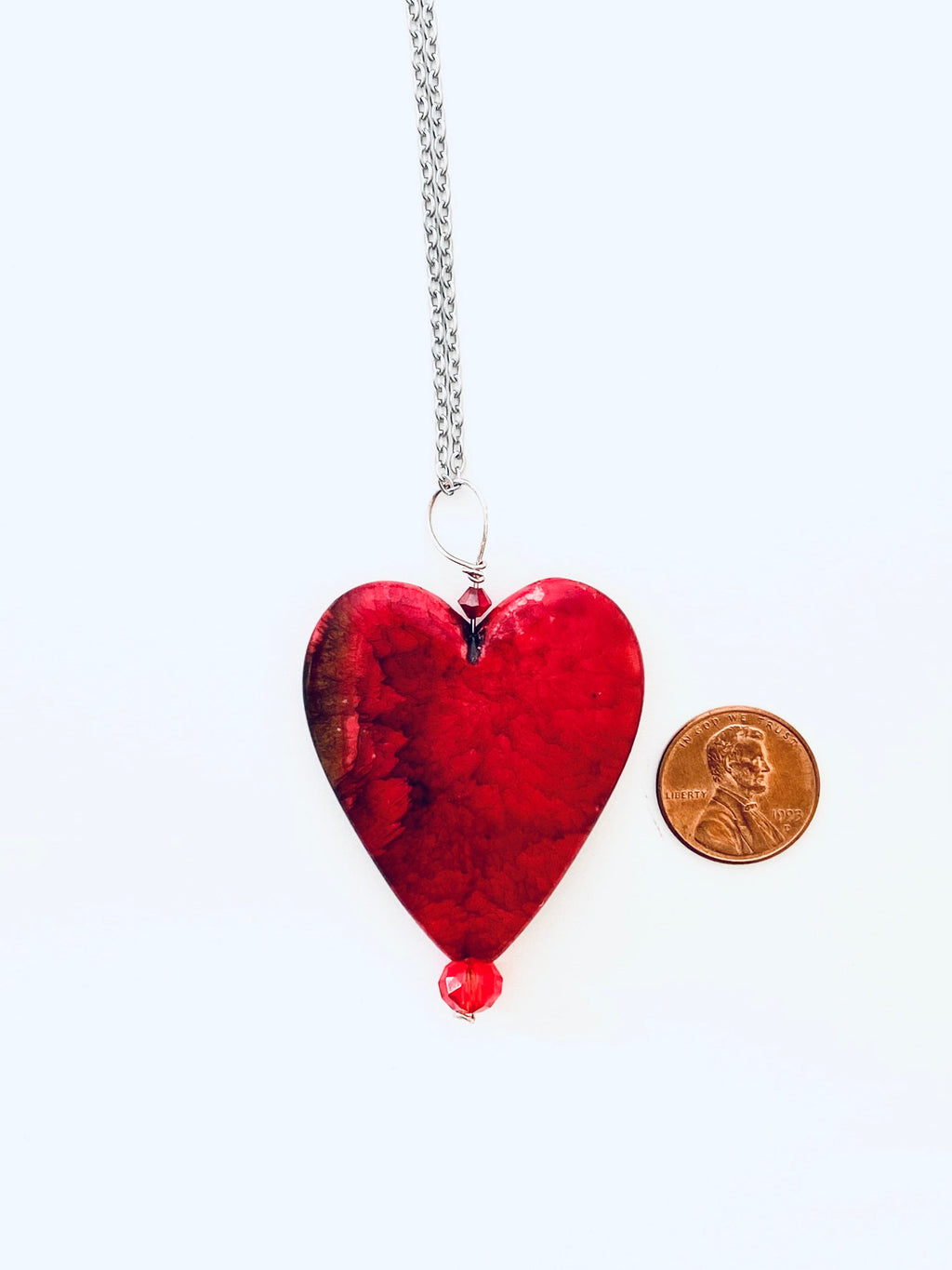 Red Glass Heart Pendant Necklace, Silver Plated Chain, Czech Crystals