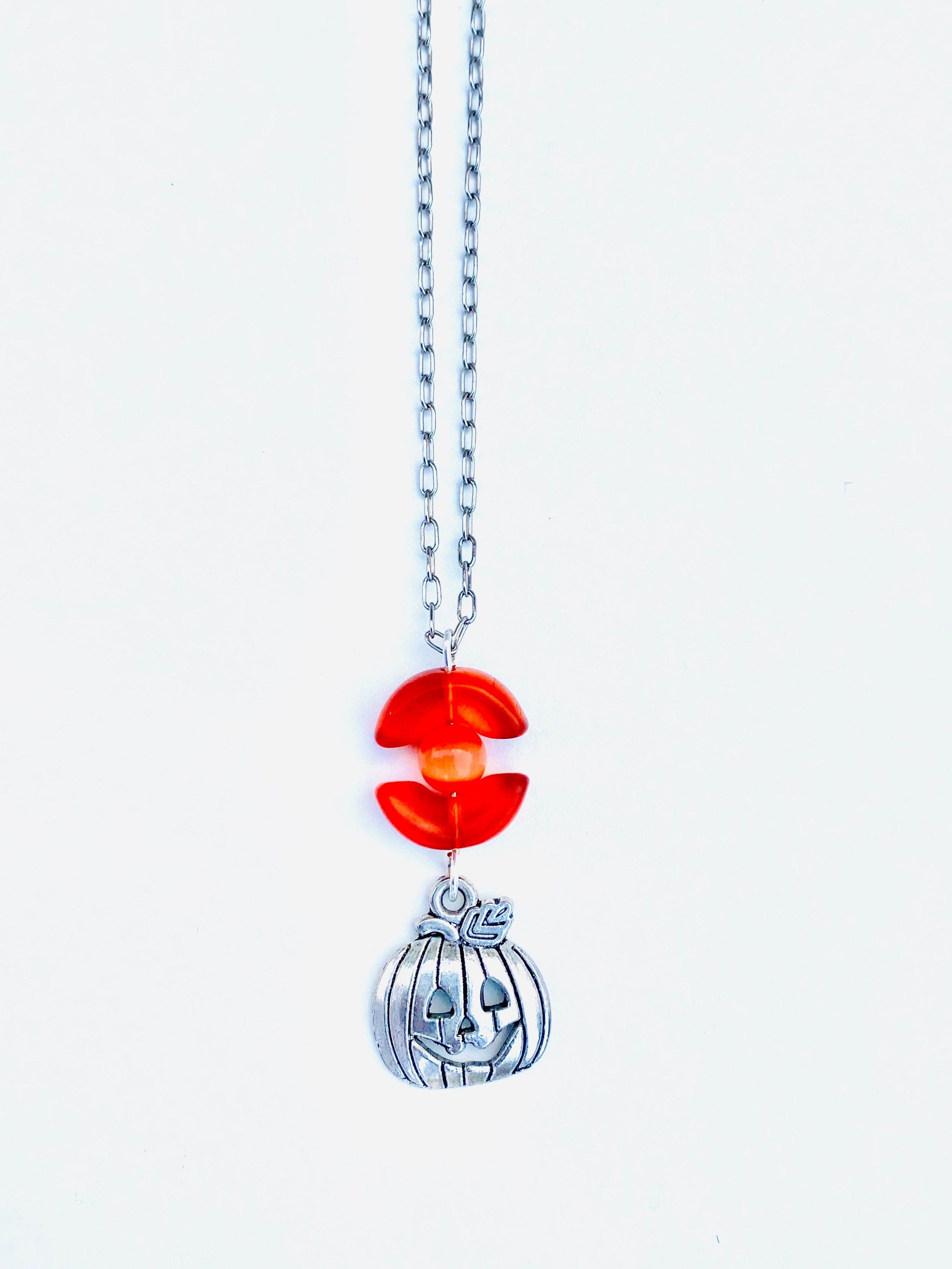 Festive Halloween Pumpkin Pendant Necklace, Orange Beads, Silver Plated Chain