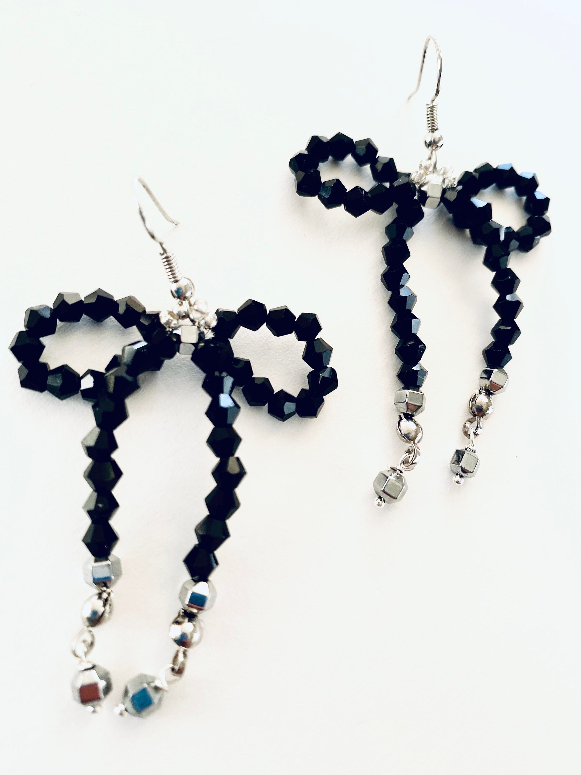 Black Crystal Bow Earrings, Silver Plated Hooks, Beaded Festive Jewelry