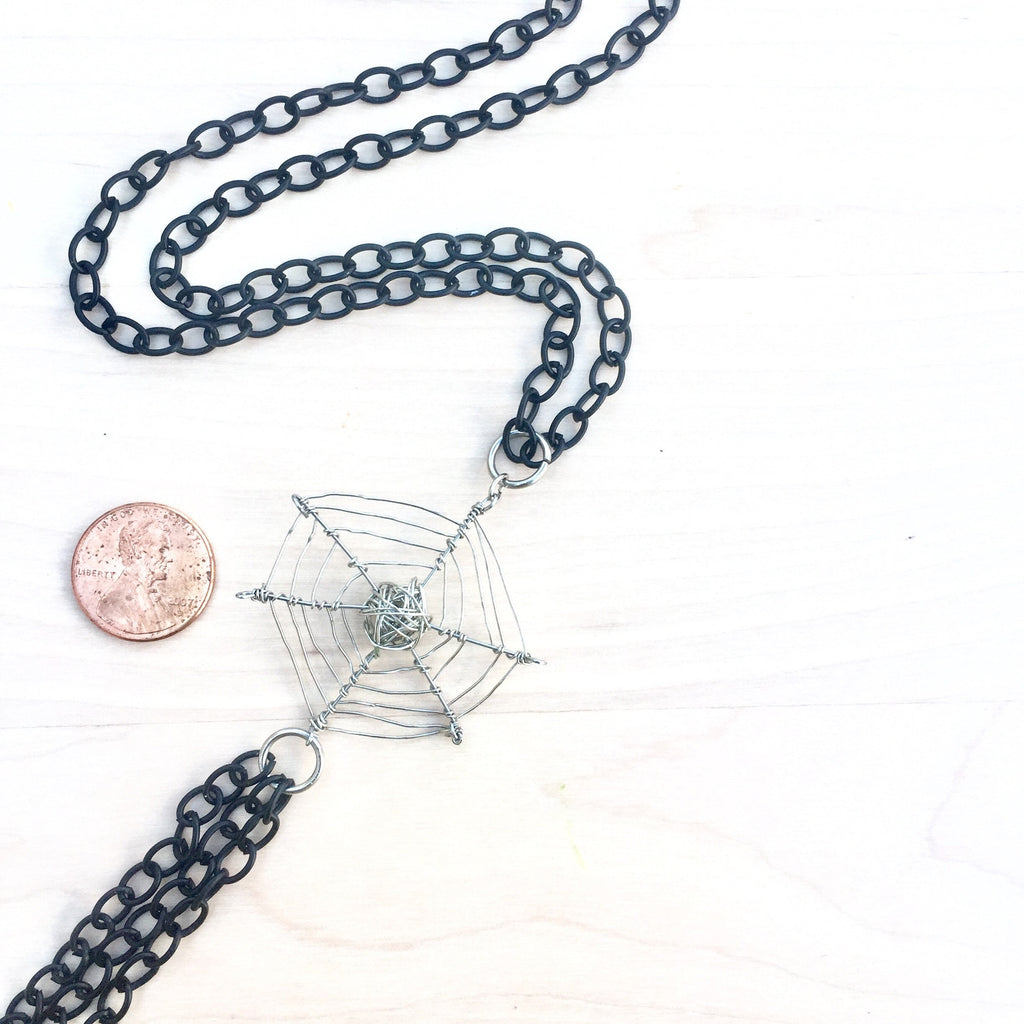 Halloween Spider Web Necklace, Silver Plated, Black Cable Chain