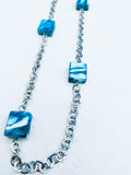 Blue Swirl Glass Bead Necklace, Silver Chain, 32 Inch