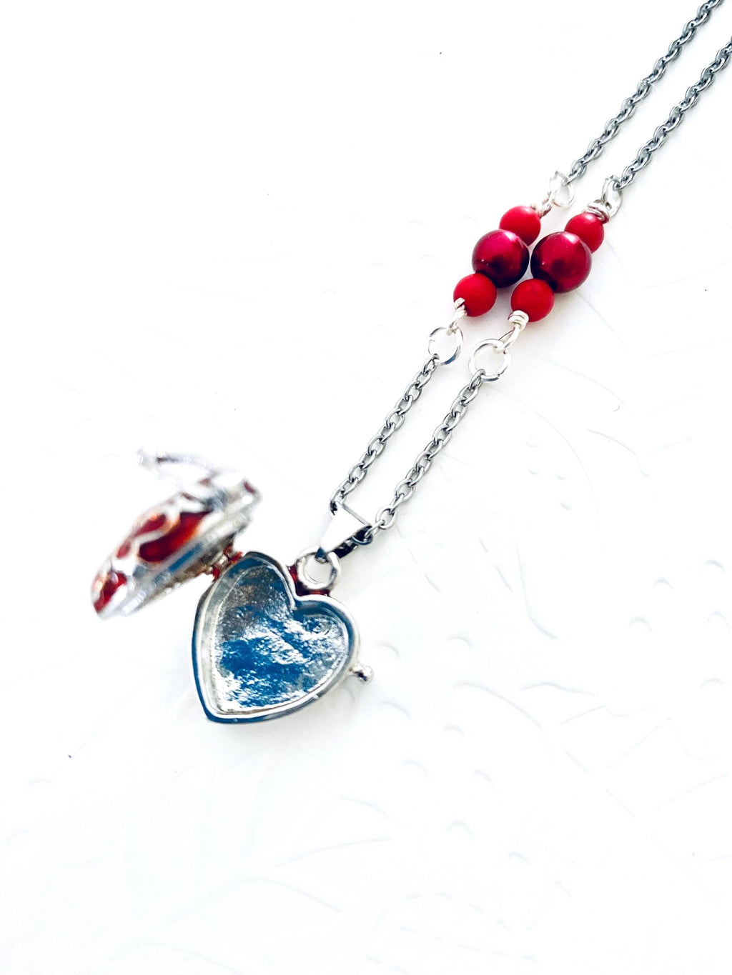 Red Heart Locket Necklace, Filigree Pendant, Sentimental Keepsake